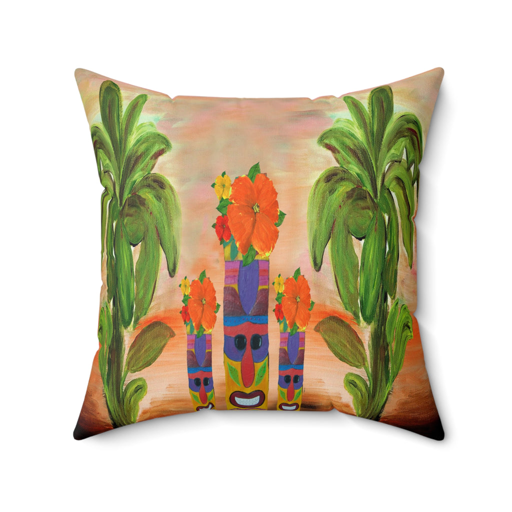 Tropical Tiki Flower Square Pillow — Tiki Man Totem Palm Throw