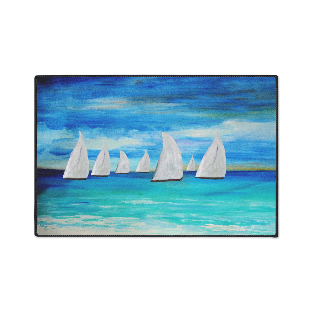 Sailboat Seascape Heavy-Duty Floor Mat — Coastal Nautical Entry Rug