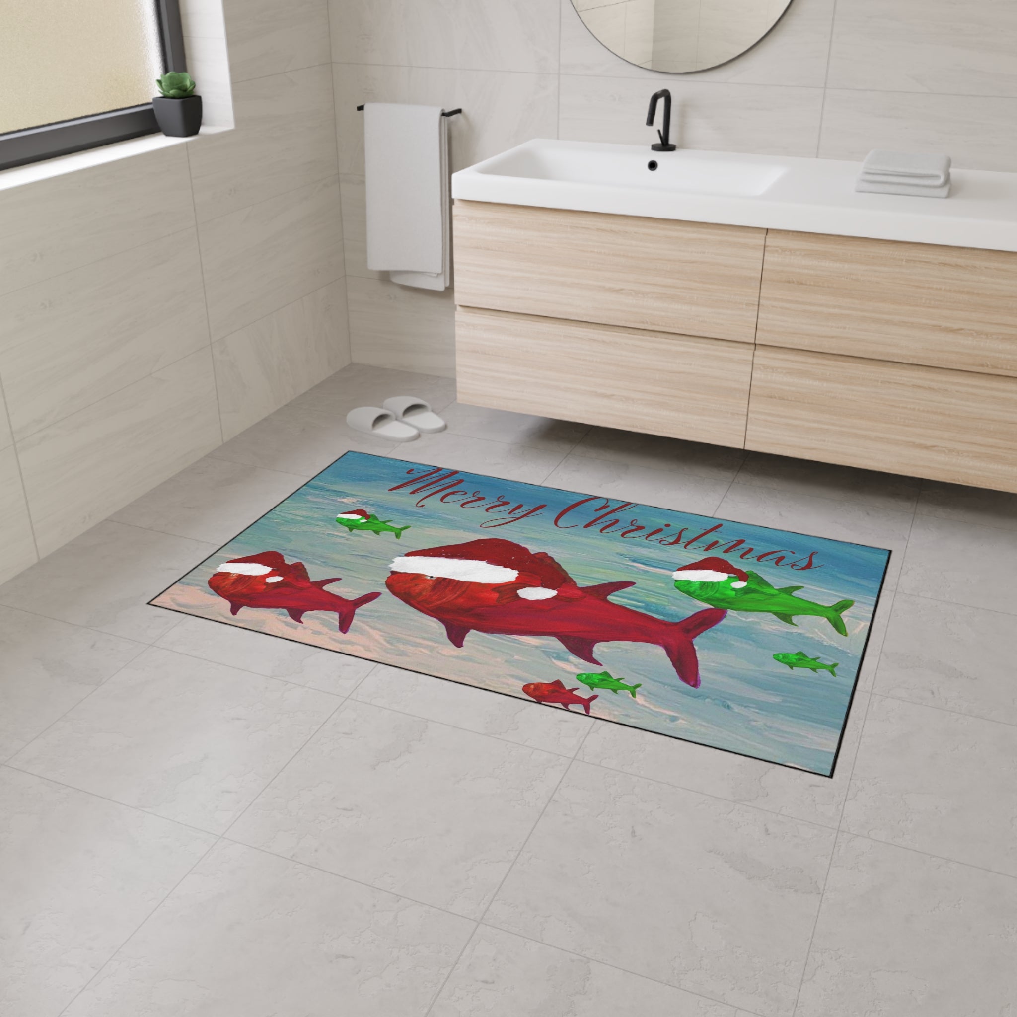 Christmas Fish Floor Mat — Merry Christmas Santa Hat Fish Holiday Door Mat