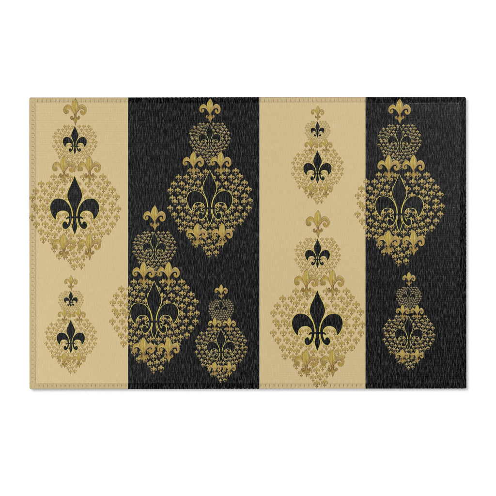 Fleur-de-Lis Striped Area Rug — Elegant Gold & Black Decorative Mat