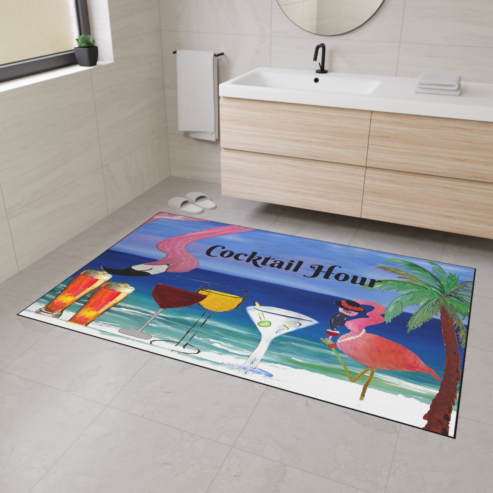 Cocktail Hour Flamingo Floor Mat — Tropical Beach Bar Welcome Mat
