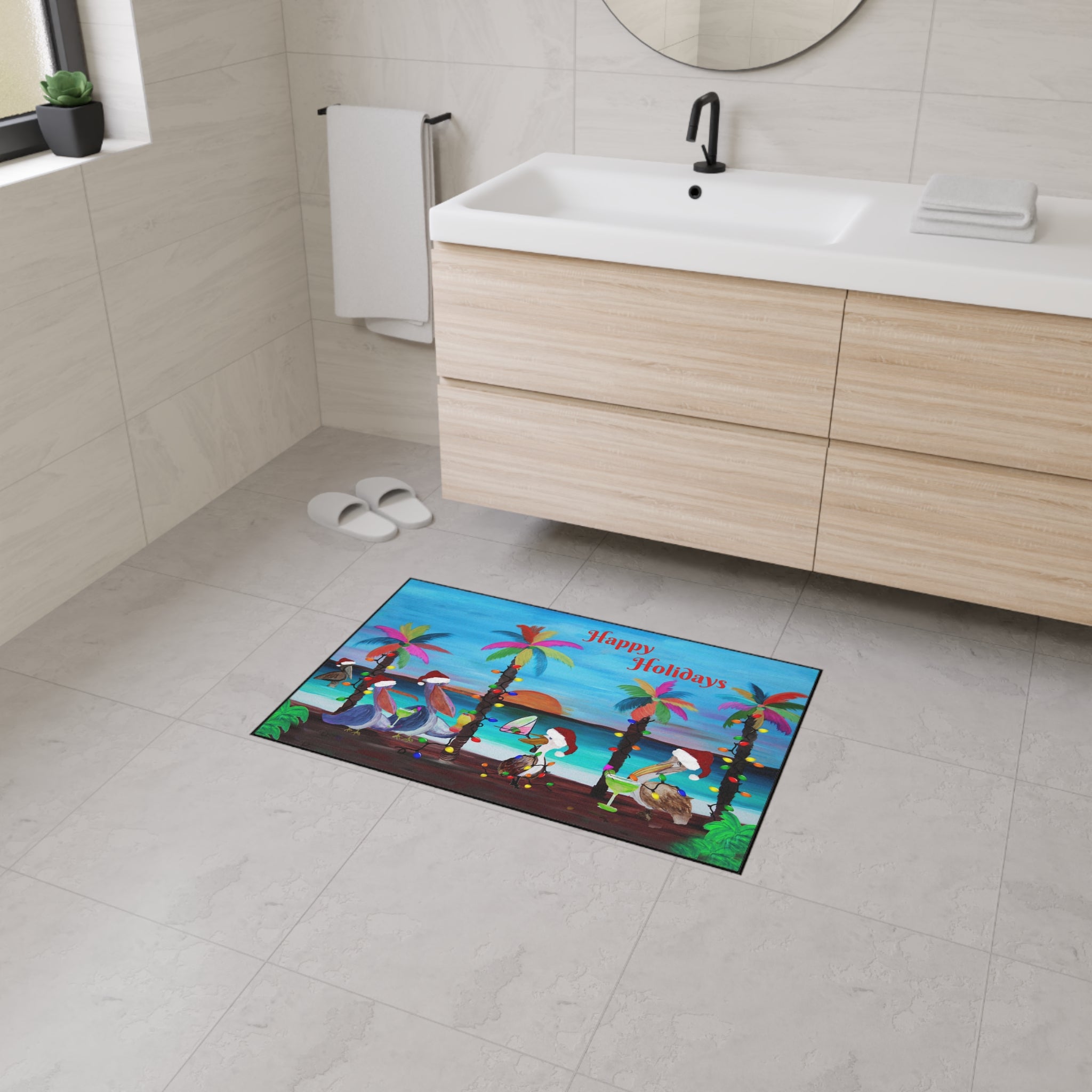 Christmas Pelican Party Cocktails Beach Mat — "Merry Christmas" Holiday Doormat
