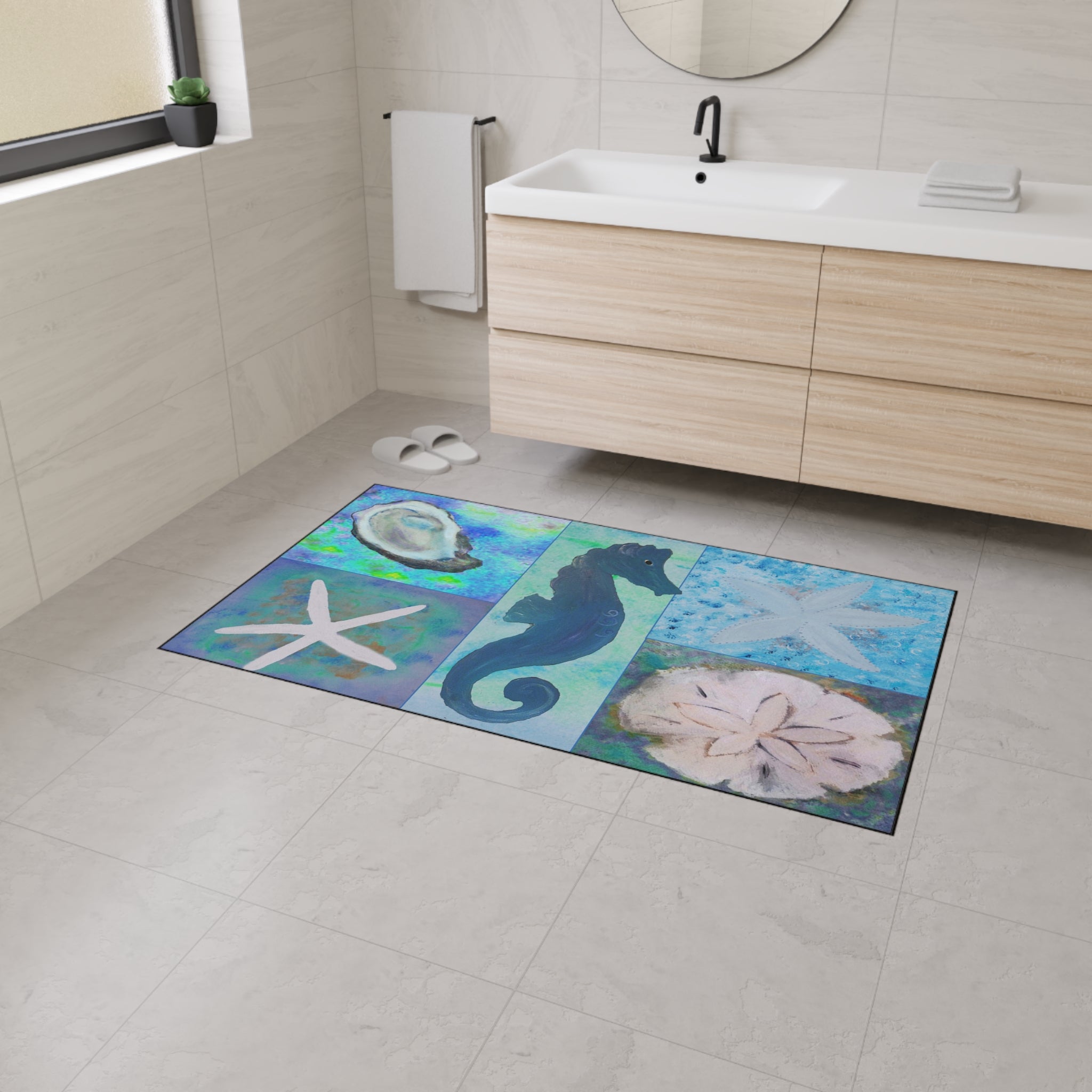 Coastal Sea Life Floor Mat — Seahorse, Starfish & Sand Dollar Rug