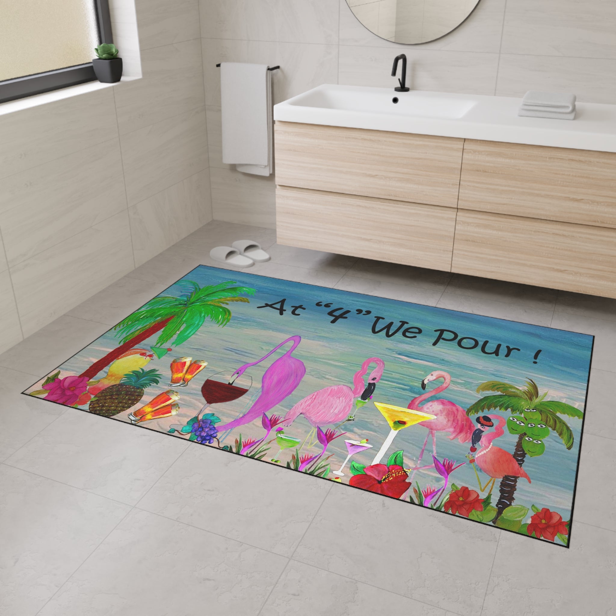 Tropical Flamingo Cocktails Doormat — "At '4' We Pour!" Heavy Duty Floor Mat