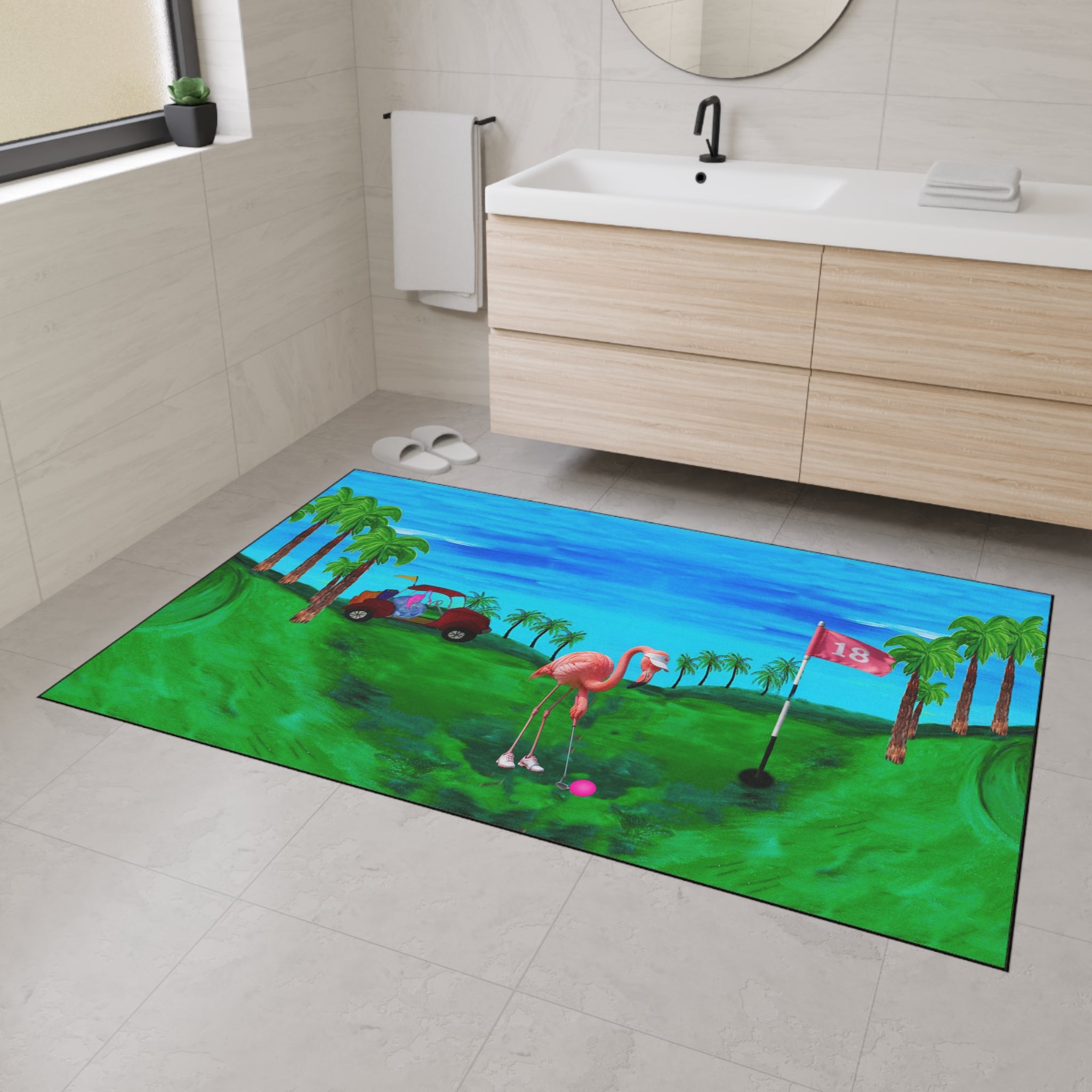 Golf Flamingo Heavy Duty Floor Mat — Tropical 18th Hole Welcome Mat