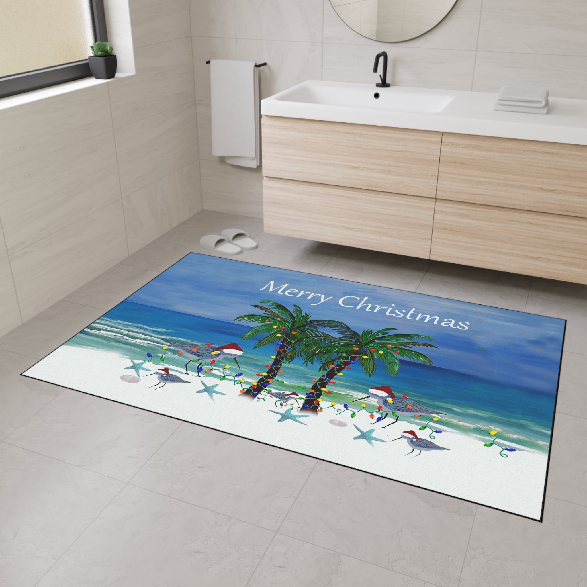 Sandpipers Shore Birds with Santa hats festive Beach Palm 'Merry Christmas' Floor Mat — Tropical Holiday Doormat
