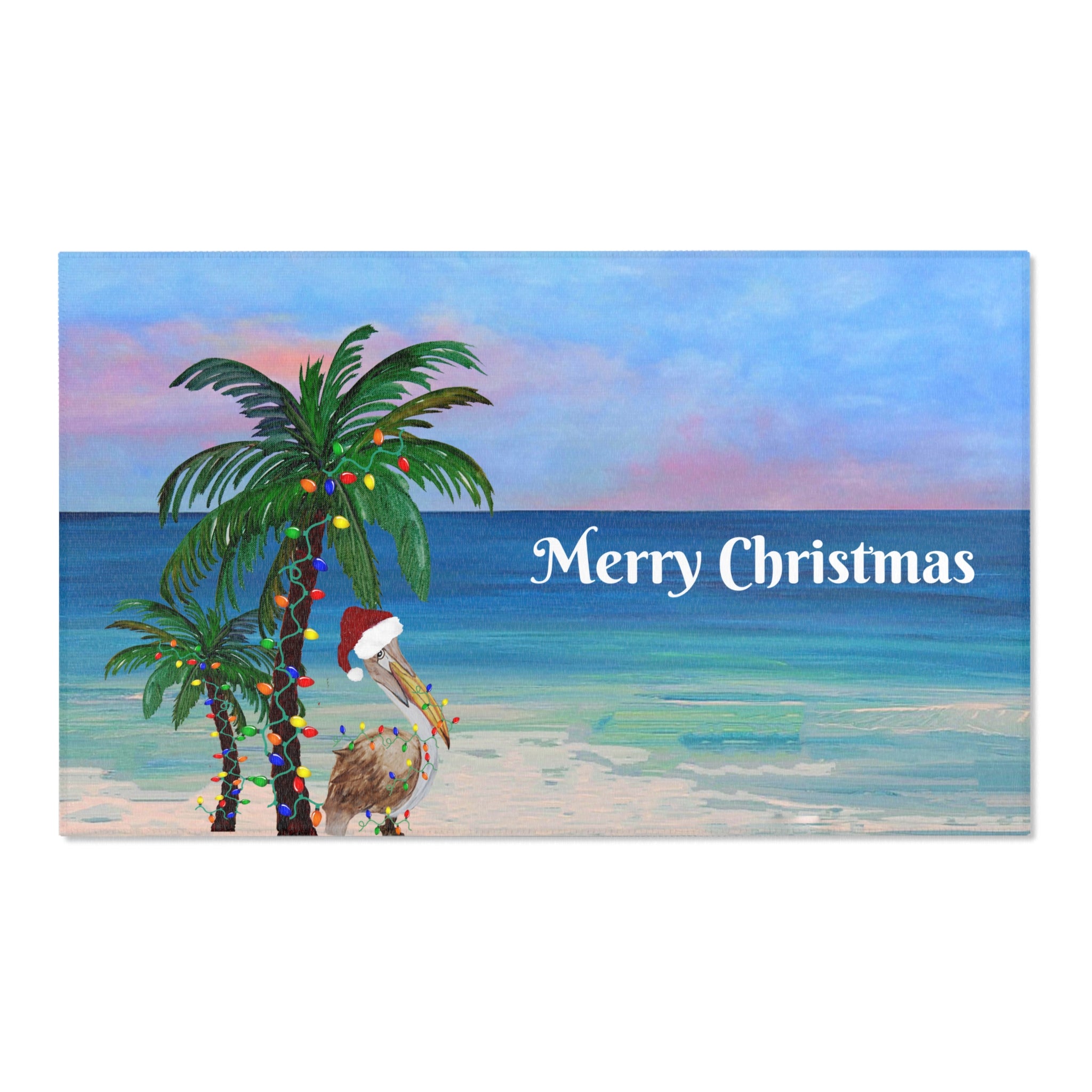 Merry Christmas Beach Area Rug – Tropical Palm & Pelican Holiday Mat