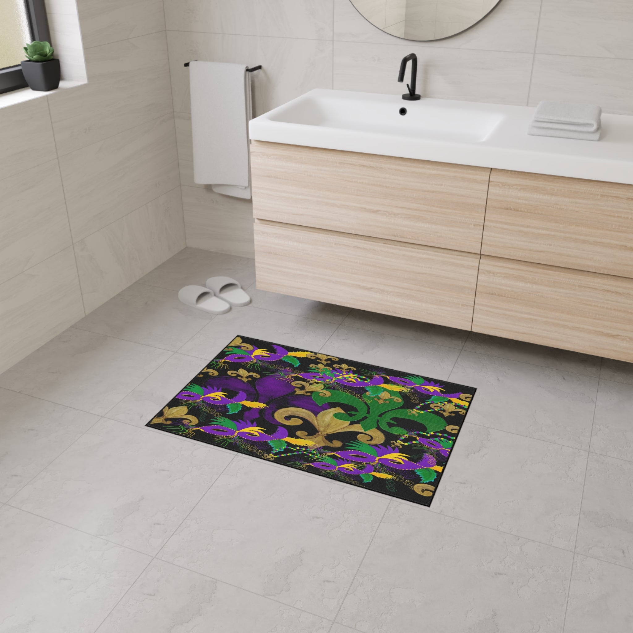 Mardi Gras Fleur-de-Lis Heavy Duty Floor Mat — Purple, Green & Gold Mask Design