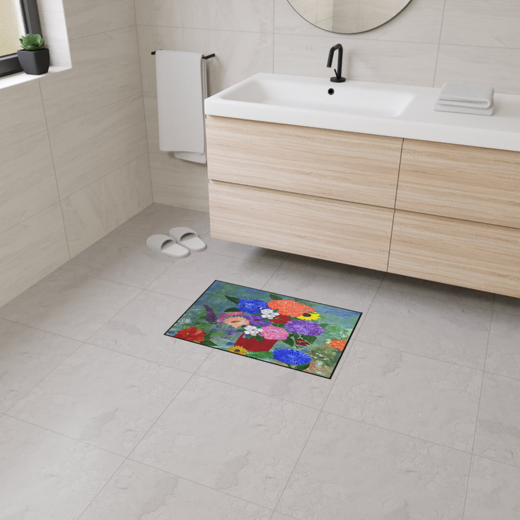 Floral Bouquet Heavy-Duty Floor Mat — Colorful Painted Flowers Entrance Rug