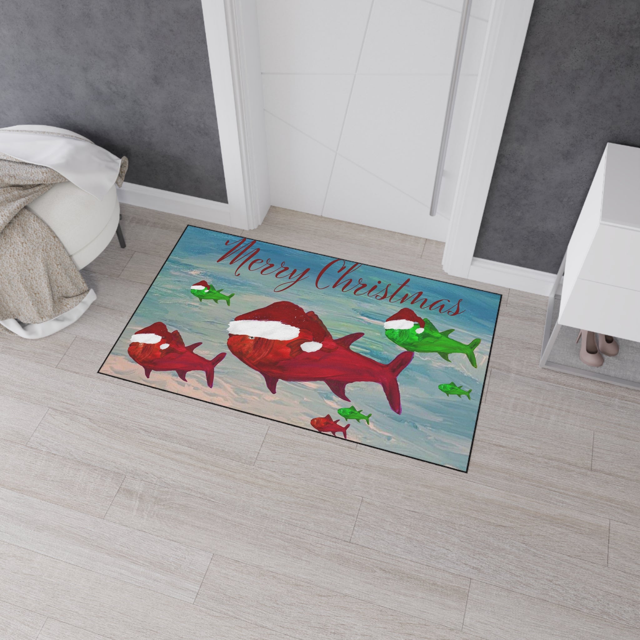 Christmas Fish Floor Mat — Merry Christmas Santa Hat Fish Holiday Door Mat