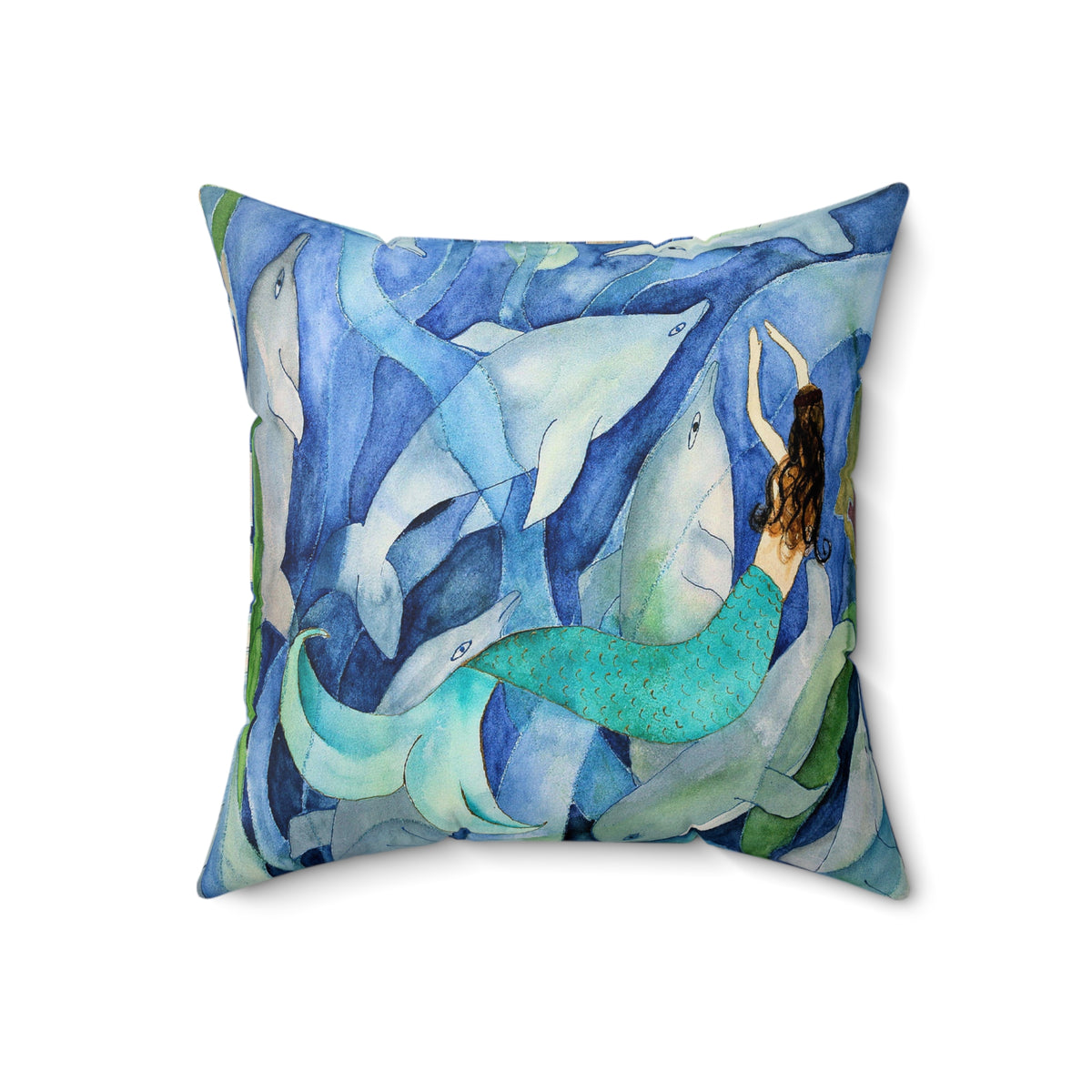 Mermaid & Dolphins Watercolor Throw Pillow — Ocean Blue Decorative Cushion