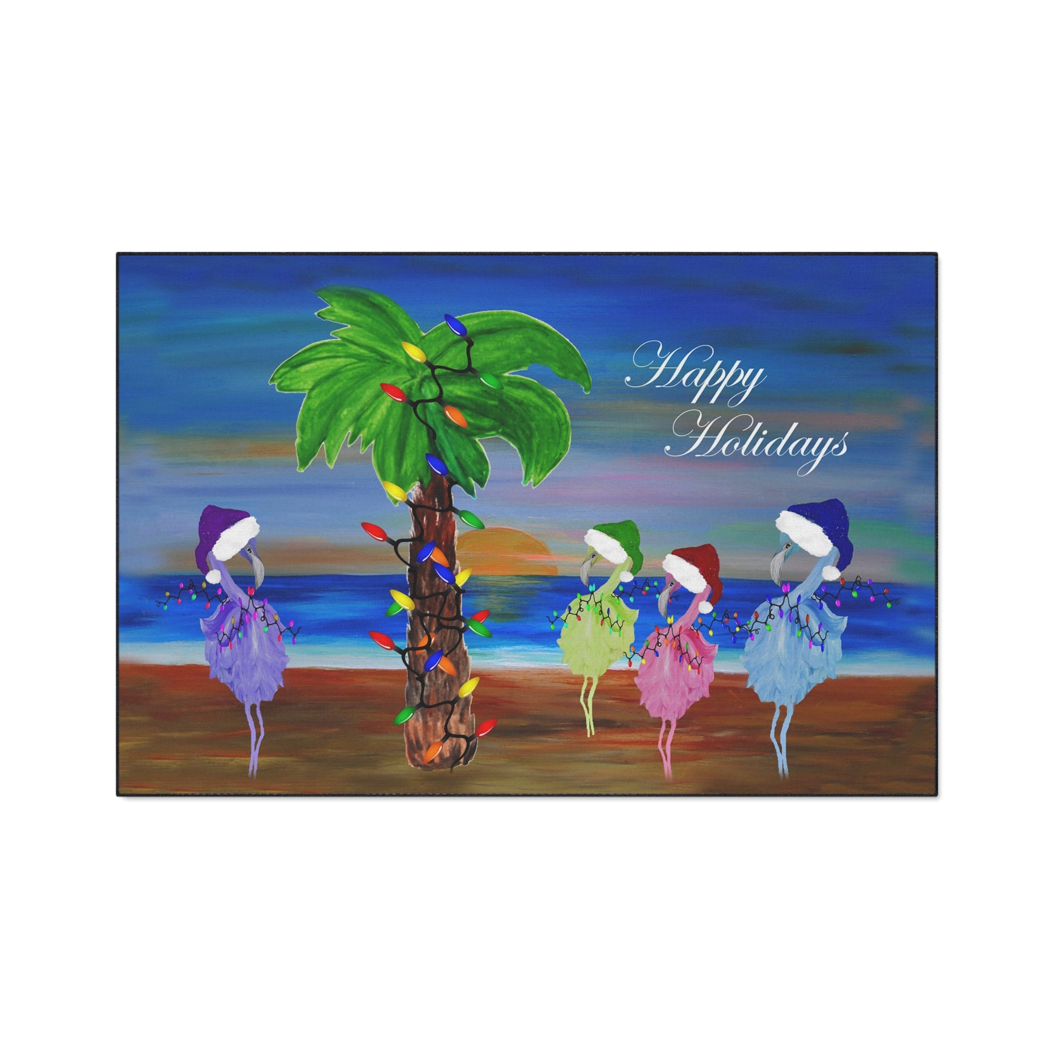 Holiday Beach Floor Mat — "Happy Holidays" Palm Tree & Carolers Doormat