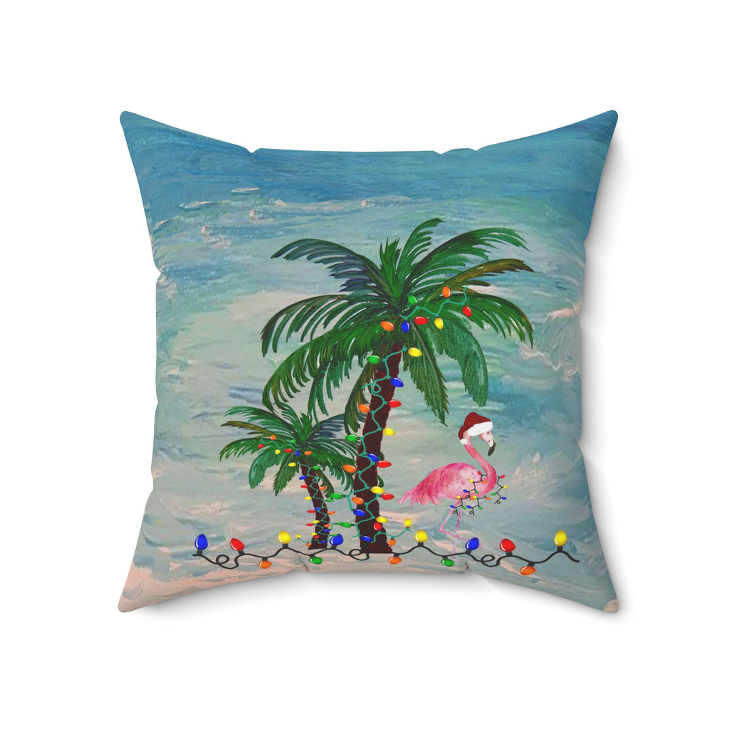 Tropical Christmas Palm Pillow — Flamingo & Holiday Lights Square Throw Pillow