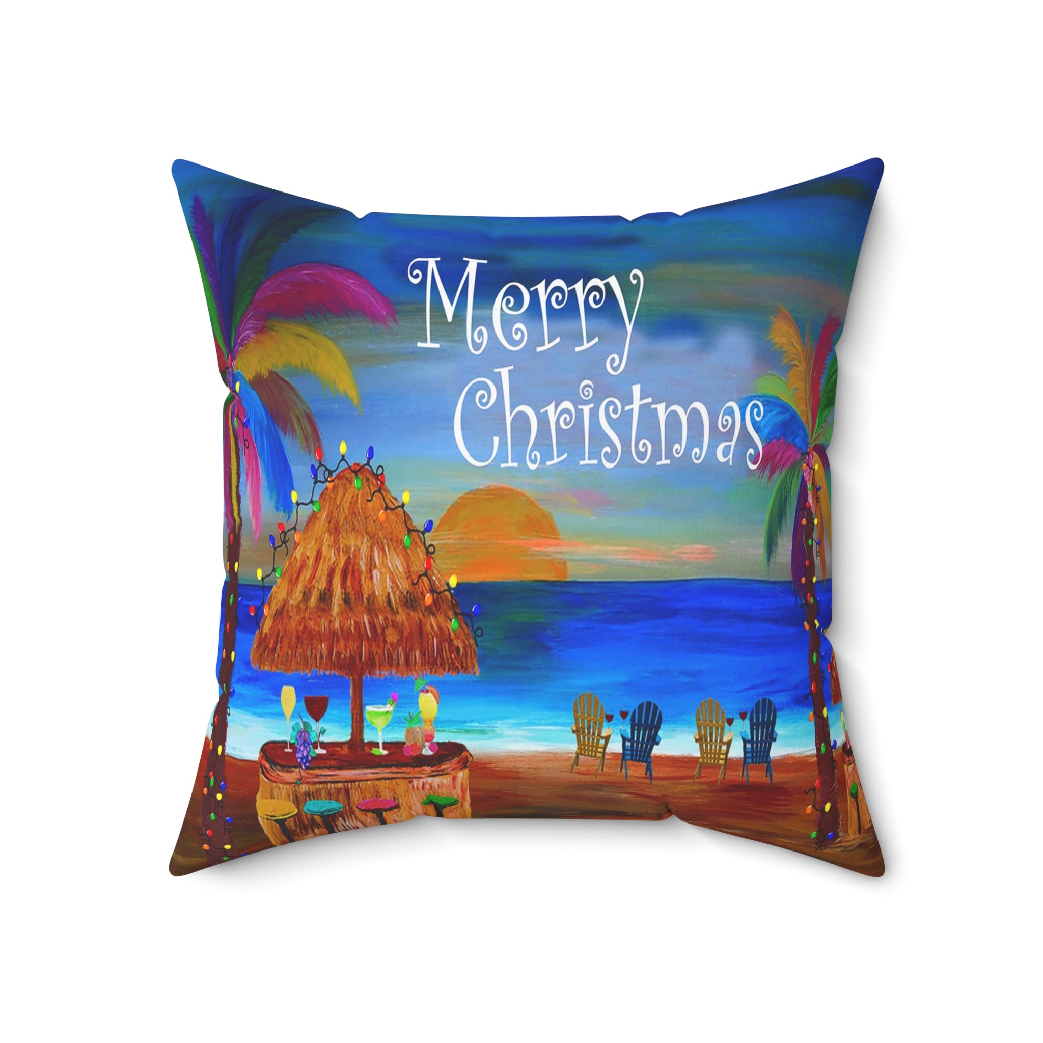 Tropical "Merry Christmas" Beach Pillow — Holiday Luau Decorative Throw Pillow