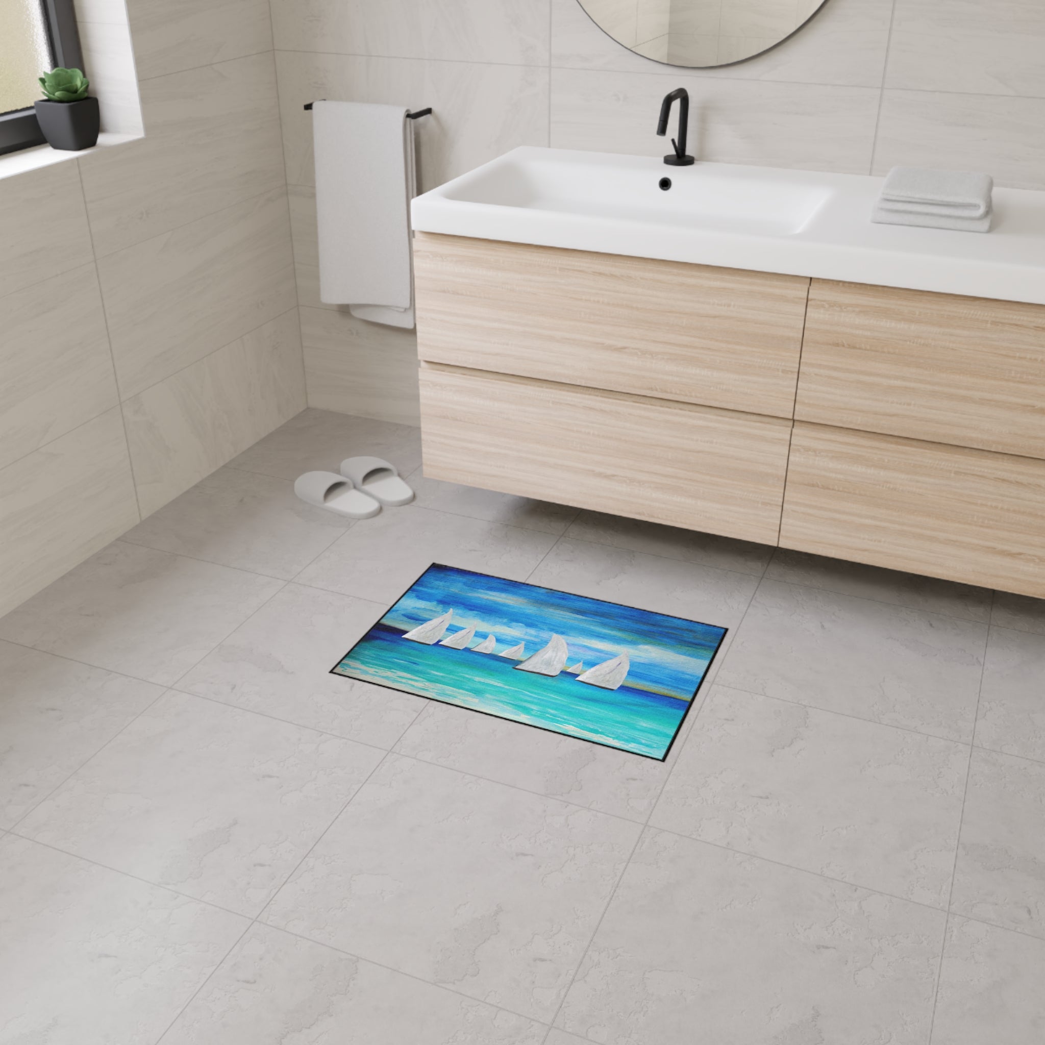 Sailboat Seascape Heavy-Duty Floor Mat — Coastal Nautical Entry Rug