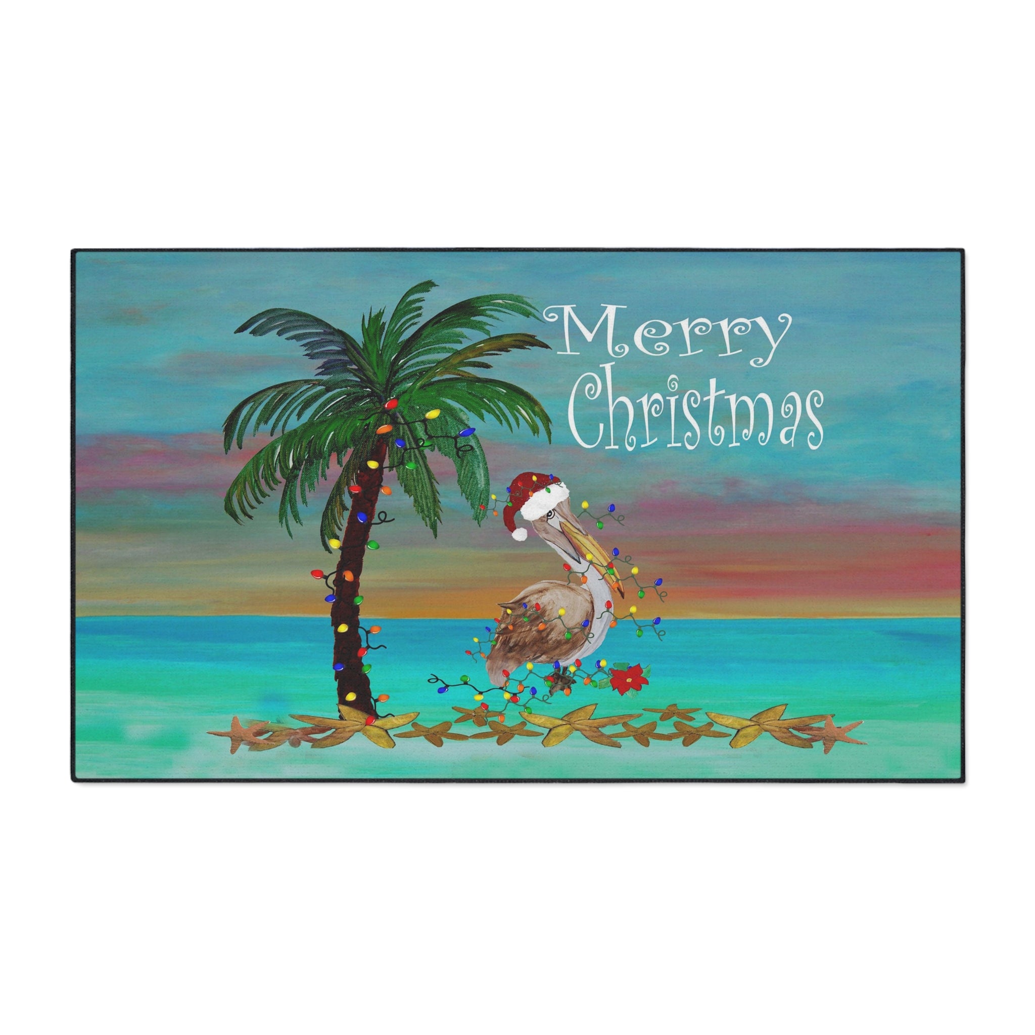 Christmas Beach Floor Mat — 'Merry Christmas' Pelican & Palm Holiday Doormat