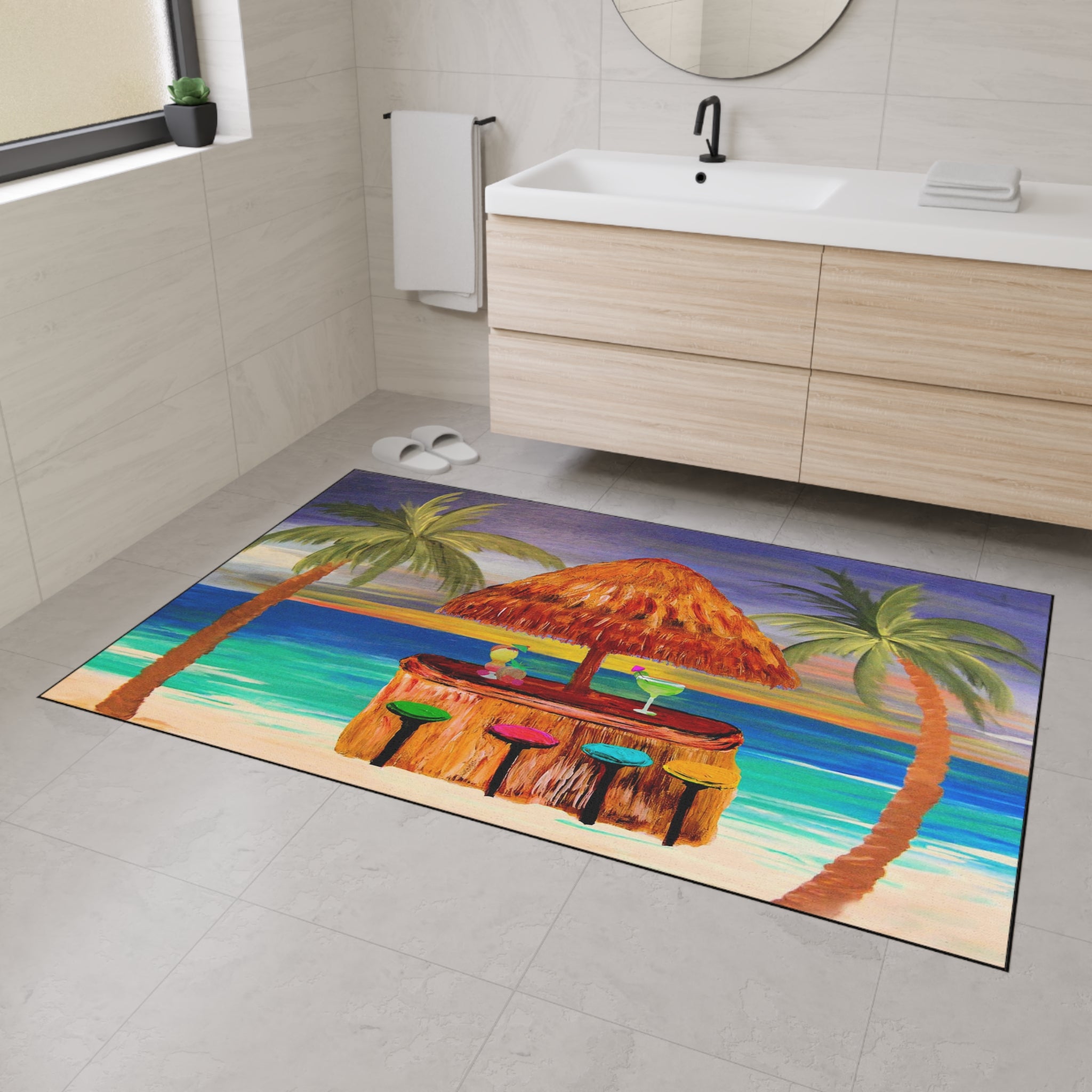 Tiki Bar Floor Mat – Tropical Beach Doormat with Palm Trees & Cocktail Design
