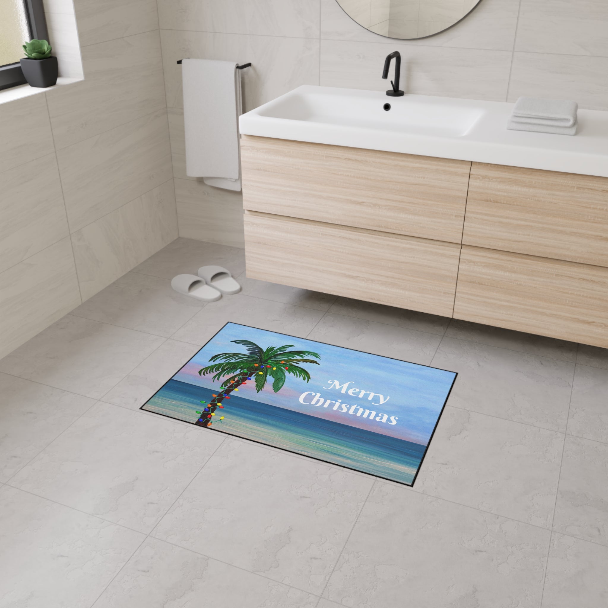 Merry Christmas Palm Tree Beach Floor Mat