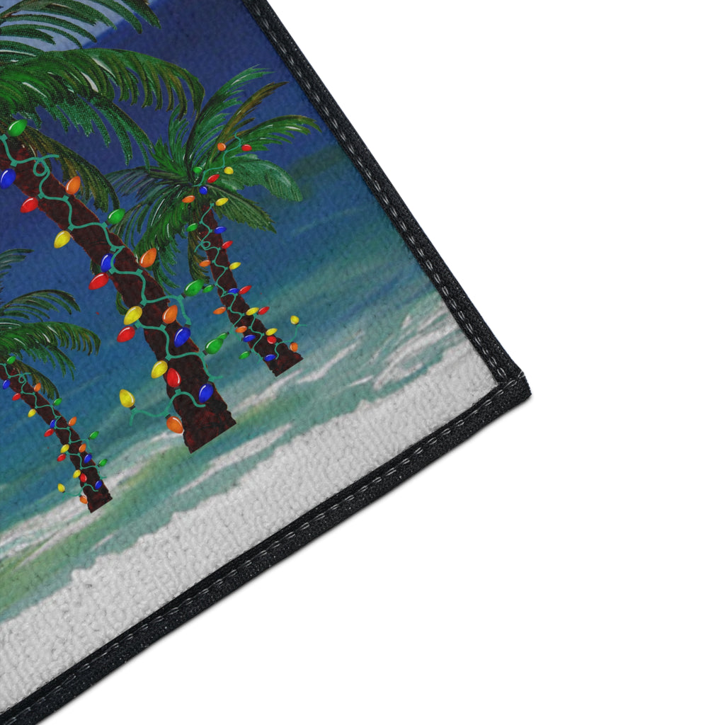 Merry Christmas Beach Floor Mat — Tropical Palm Trees Holiday Doormat