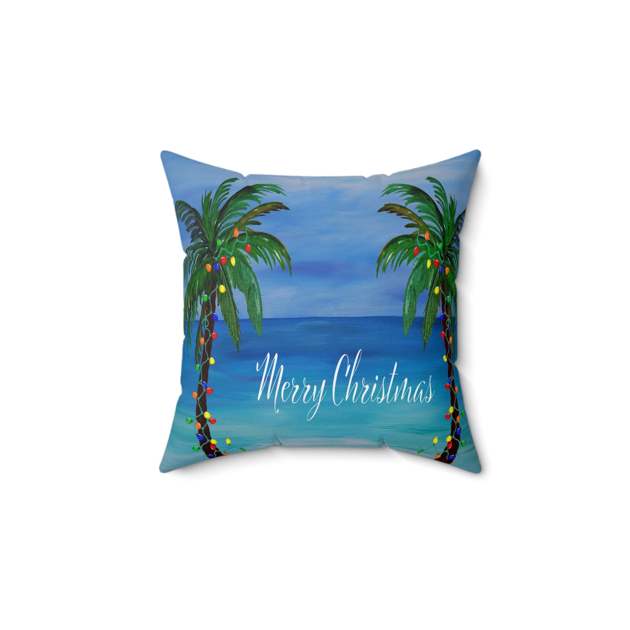 Merry Christmas Tropical Pillow — Palm Trees & Beach Holiday Throw Pillow