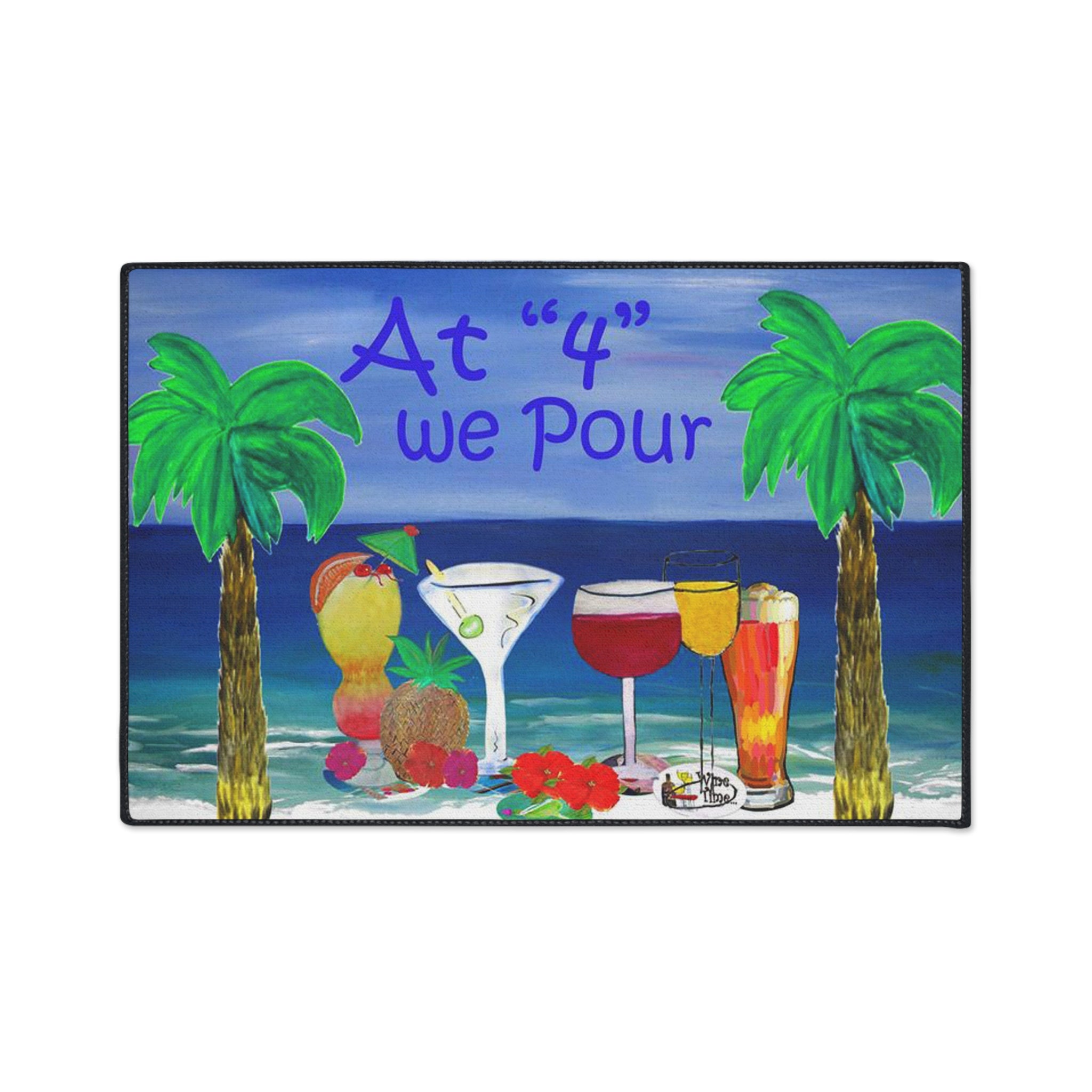 Heavy Duty Floor Mat — "At '4' We Pour" Tropical Cocktail Beach Design