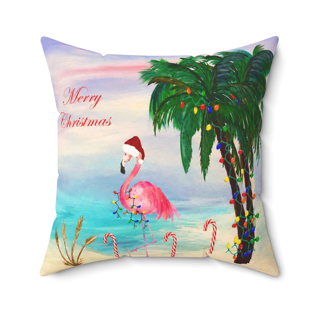 Christmas Flamingo Candy Canes Beach Pillow — Merry Christmas Tropical Holiday Throw Pillow