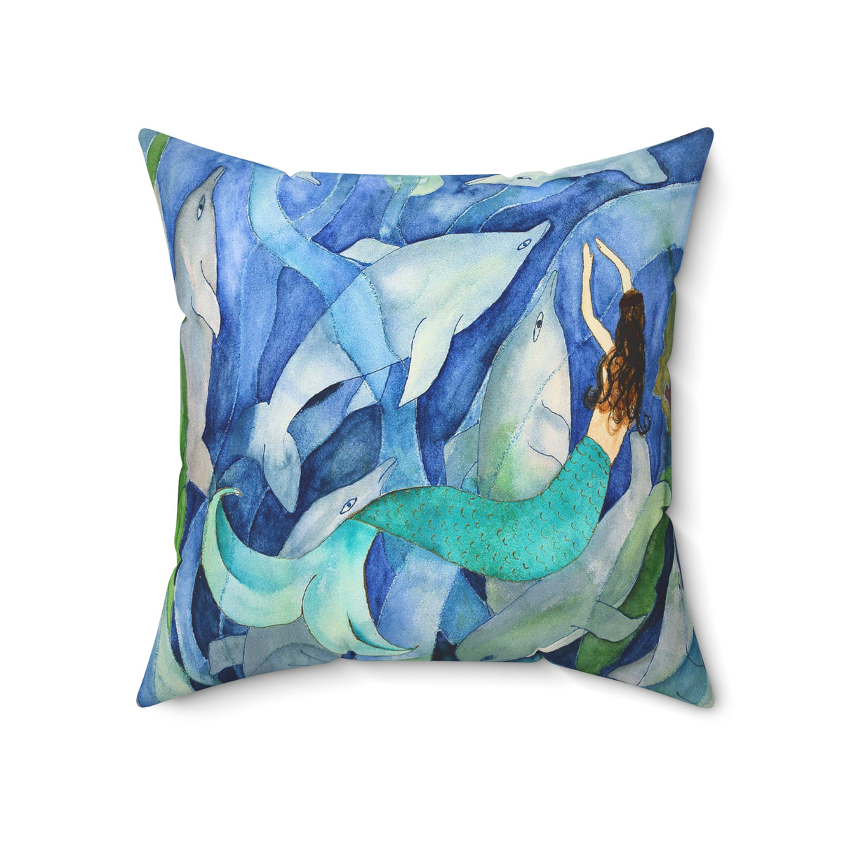 Mermaid & Dolphins Watercolor Throw Pillow — Ocean Blue Decorative Cushion