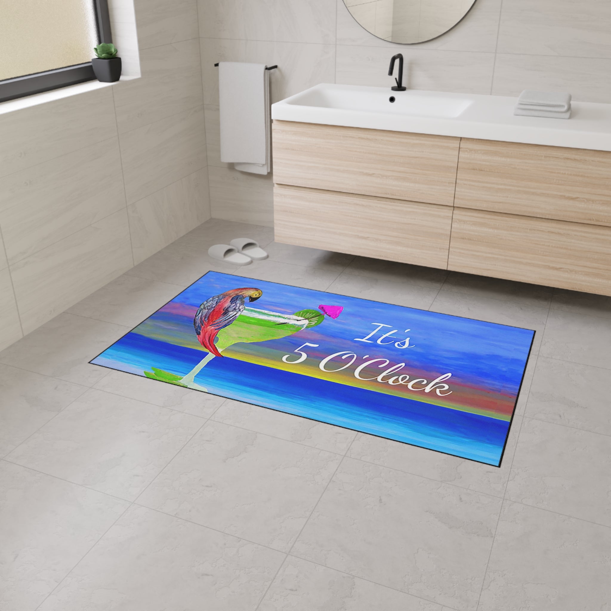 It's 5 O'Clock Parrot Margarita Beach Cocktail Floor Mat - Tropical Parrot Drink Doormat