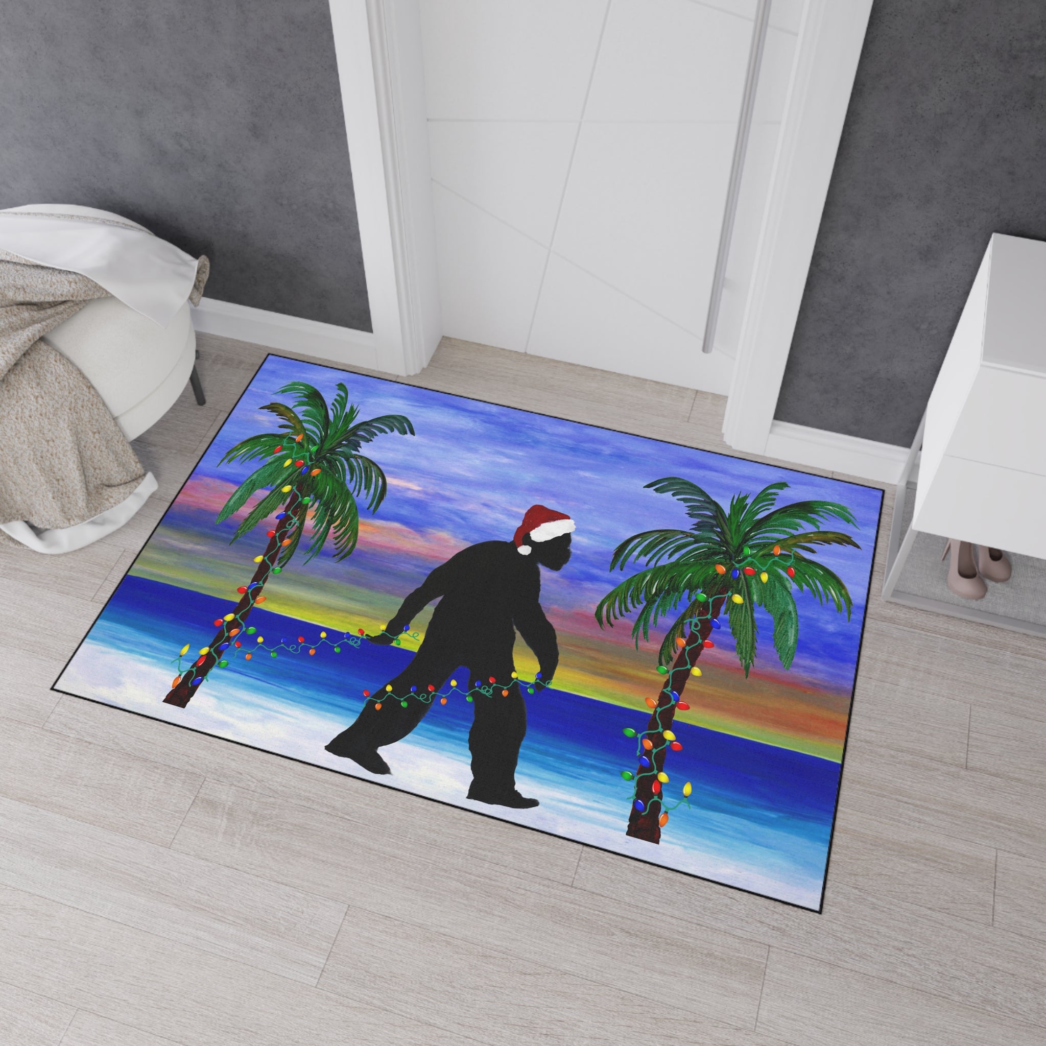 Christmas Beach Sasquatch Doormat — Holiday Palm Tree Welcome Mat