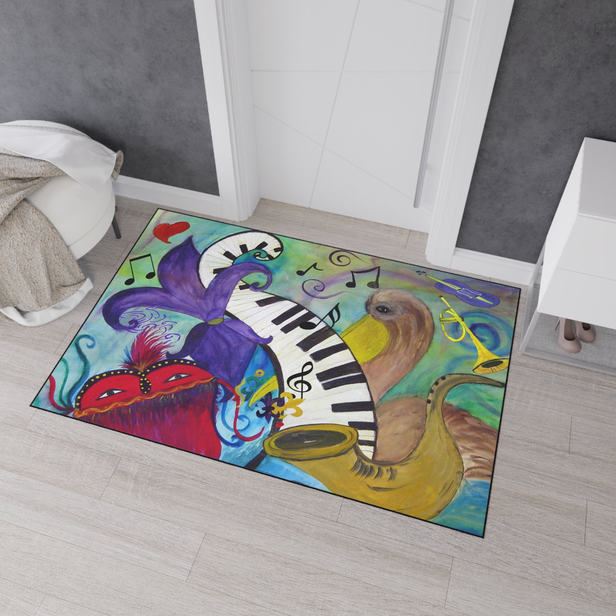 Mardi Gras Jazz Floor Mat — Colorful Musical Mask & Saxophone Doormat
