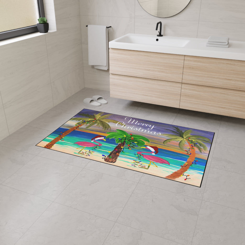 Christmas Beach Floor Mat — "Merry Christmas" Flamingo Palm Tree Doormat