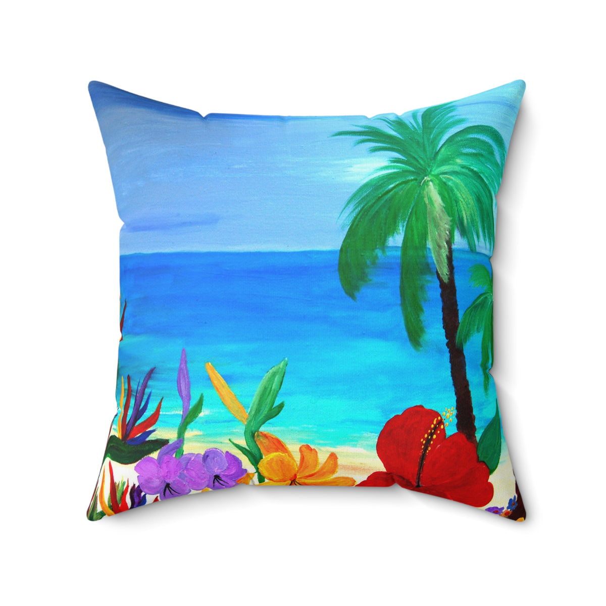 Tropical Beach Pillow - Palm Trees & Hibiscus Decorative Throw