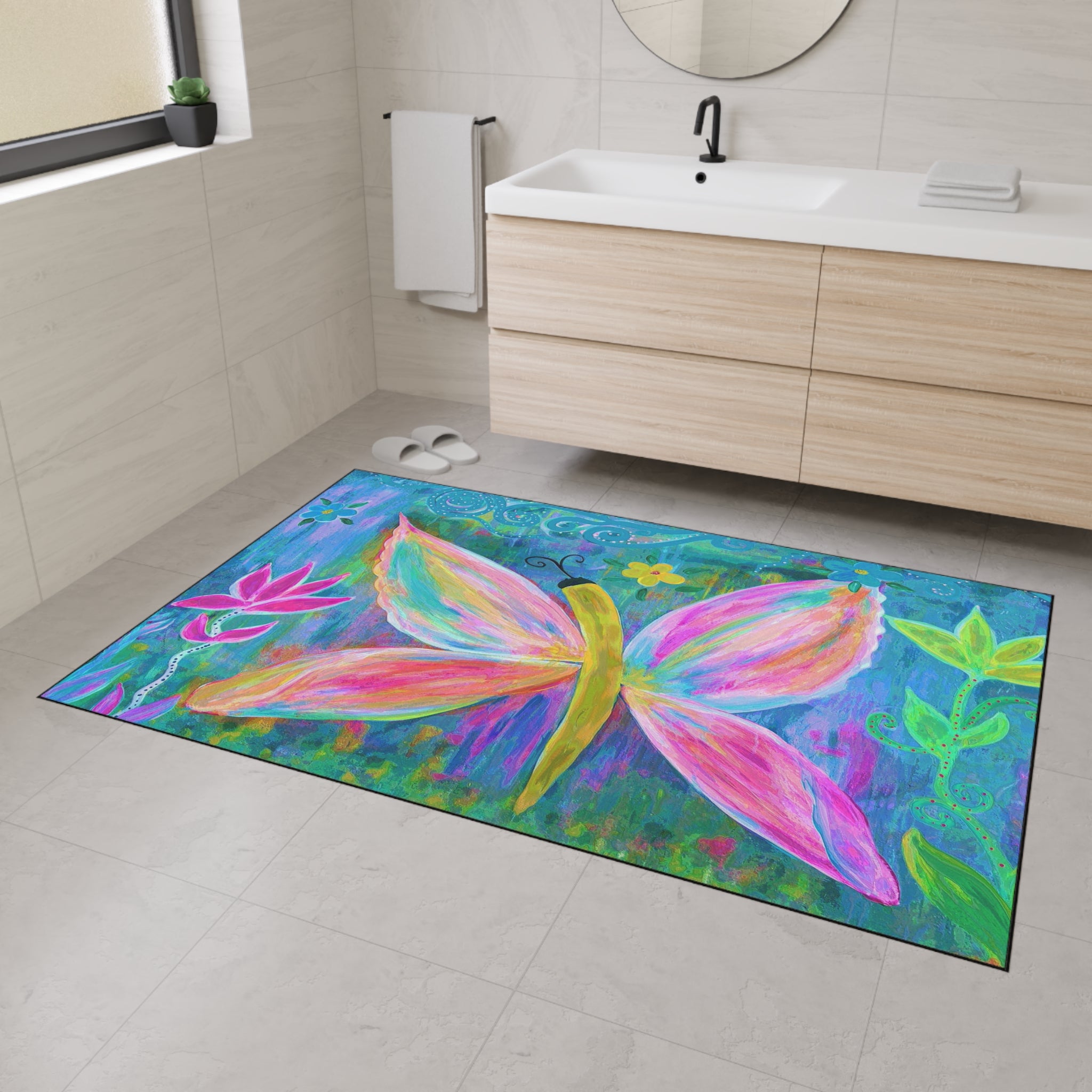 Pink Butterfly Floral Floor Mat — Colorful Garden Doormat
