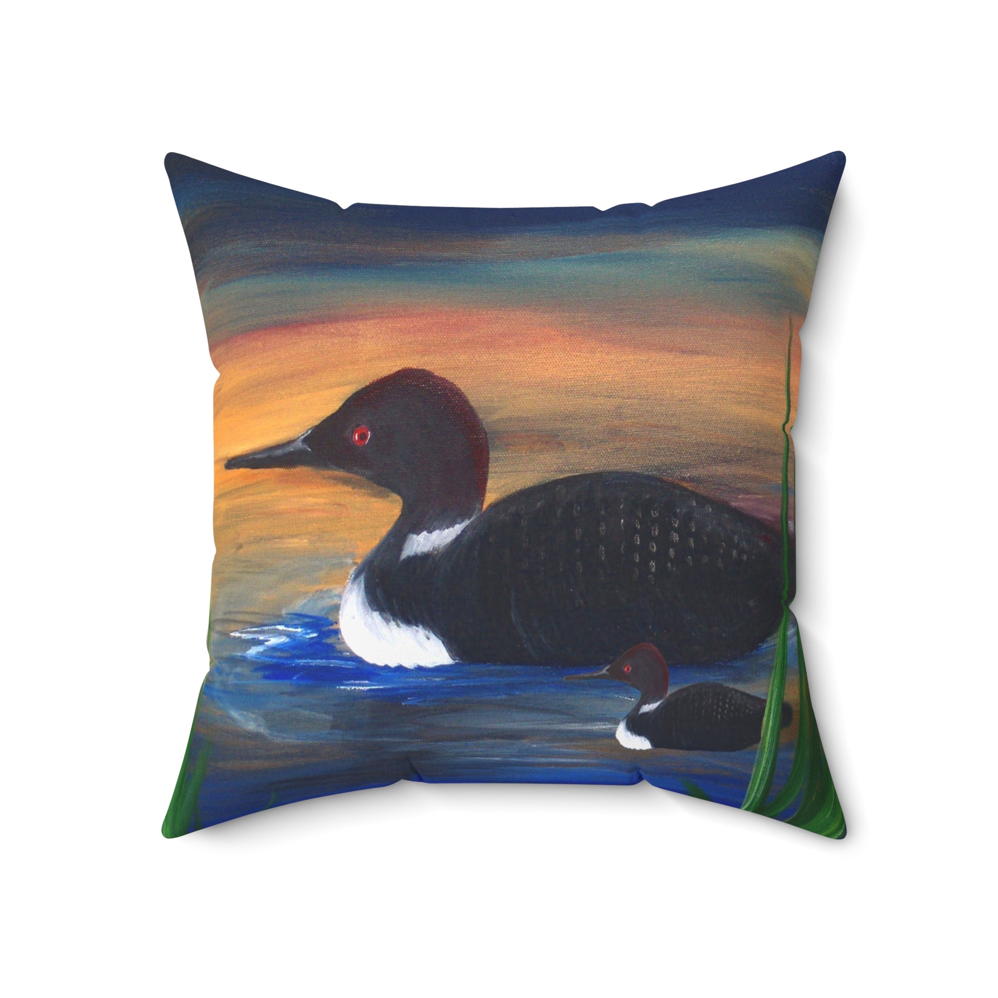Loon Sunset Square Pillow — Duck Lake Decorative Throw Pillow