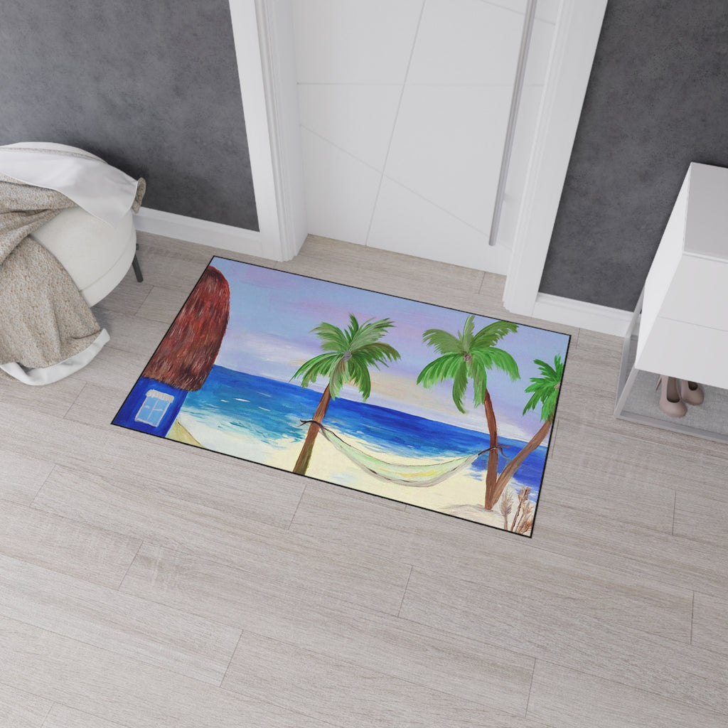 Beach Scene Heavy Duty Floor Mat — Tropical Hammock Palm Tree Doormat