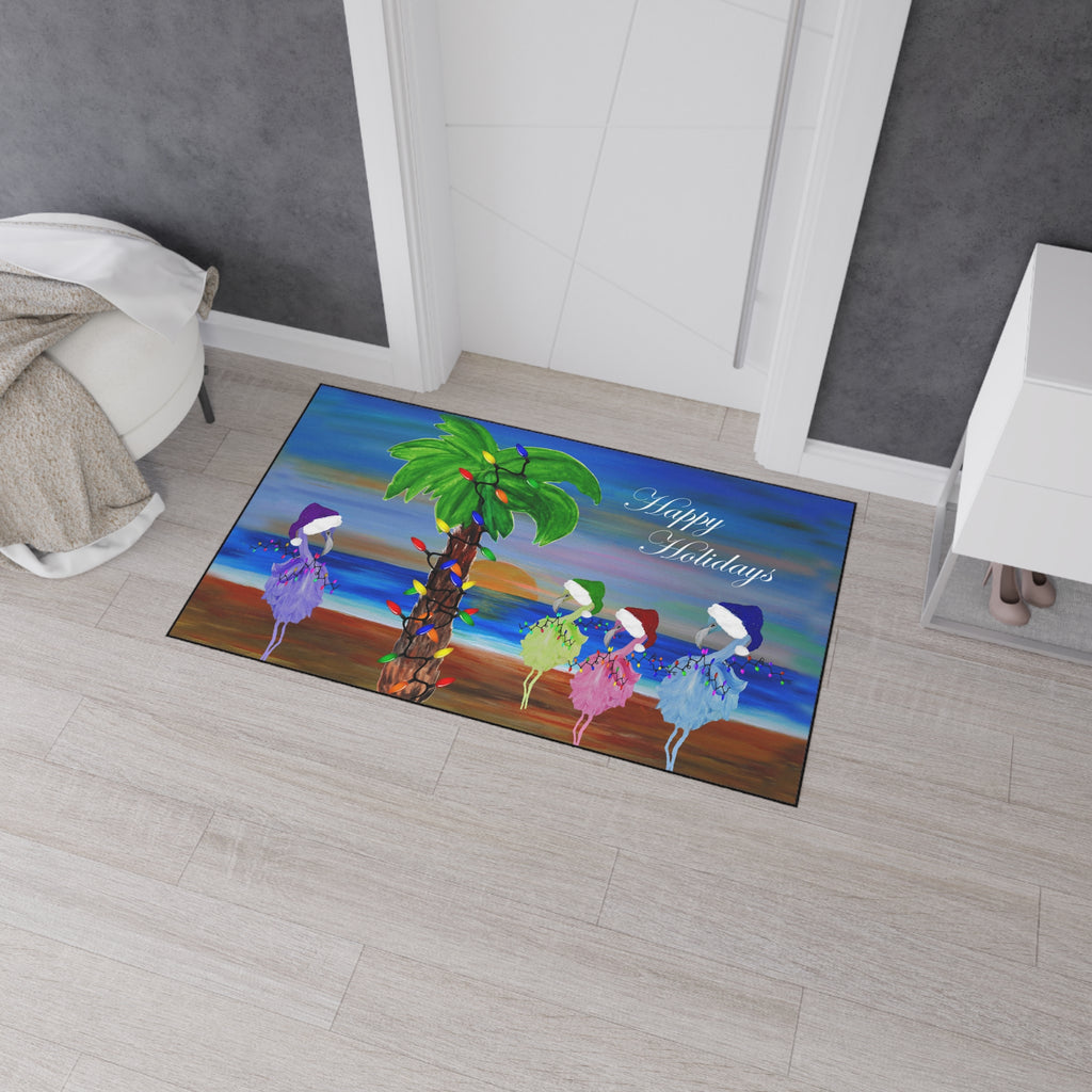 Holiday Beach Floor Mat — "Happy Holidays" Palm Tree & Carolers Doormat