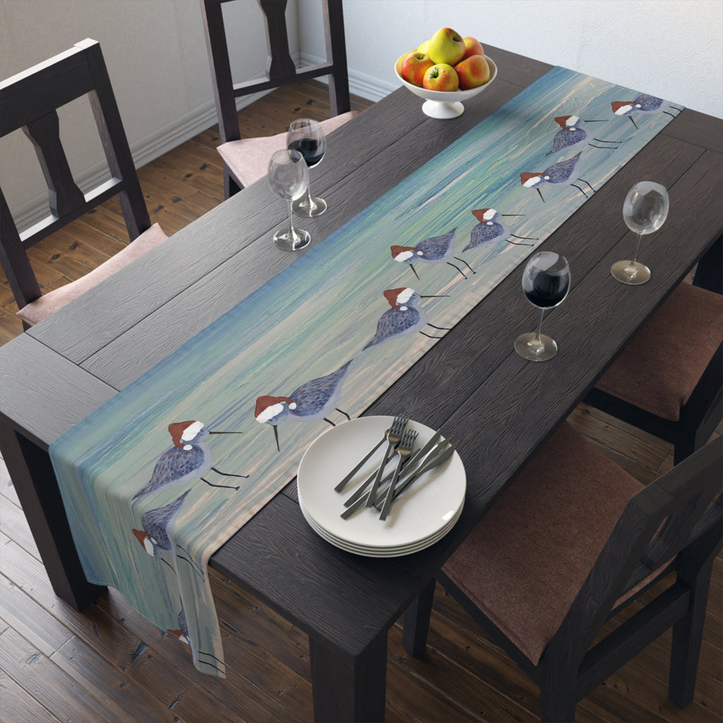 Christmas Holiday Coastal Sandpiper Table Runner — Blue Beach Shorebirds Cotton-Poly Décor