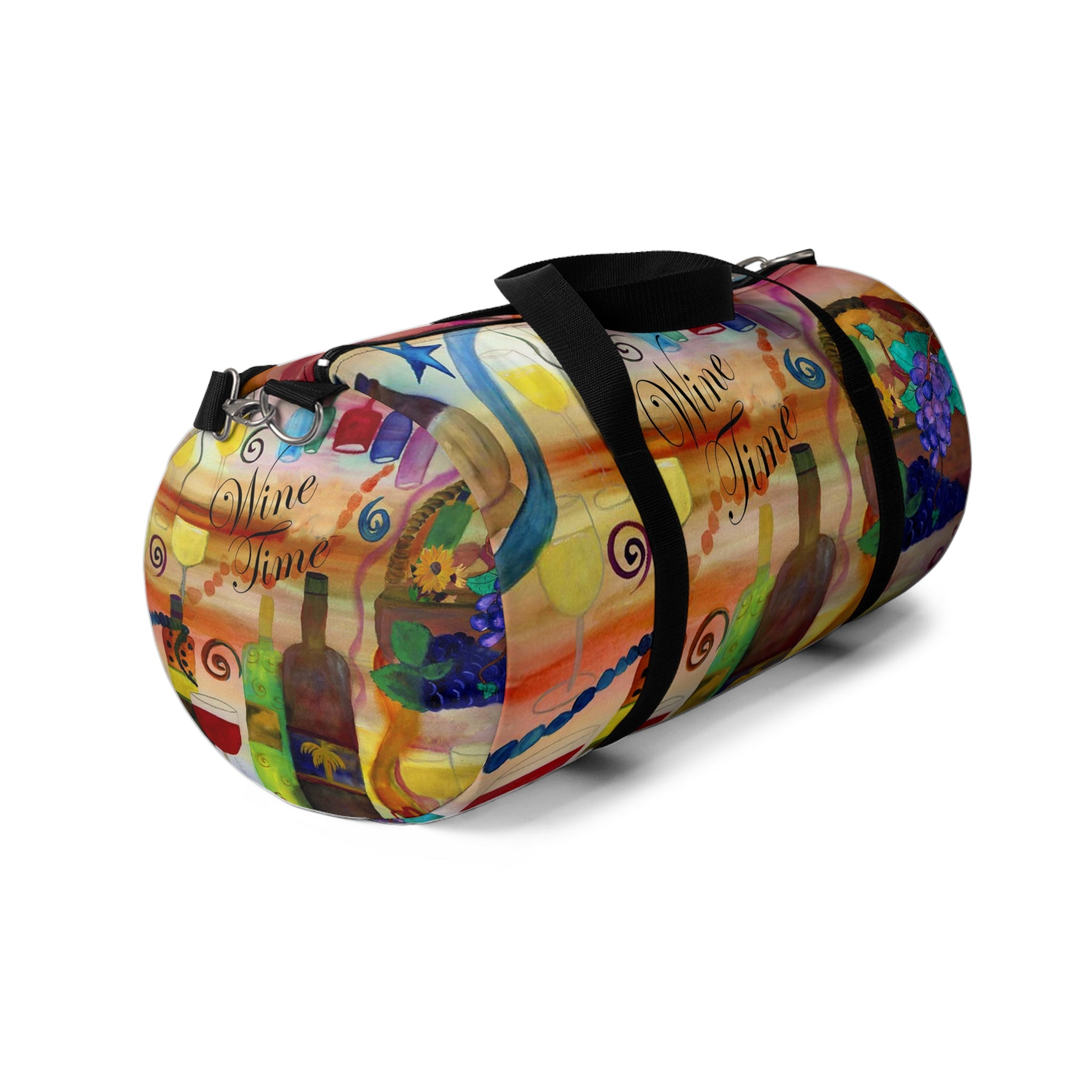 Wine Time Duffel Bag — Colorful Grapes & Bottles Travel Bag
