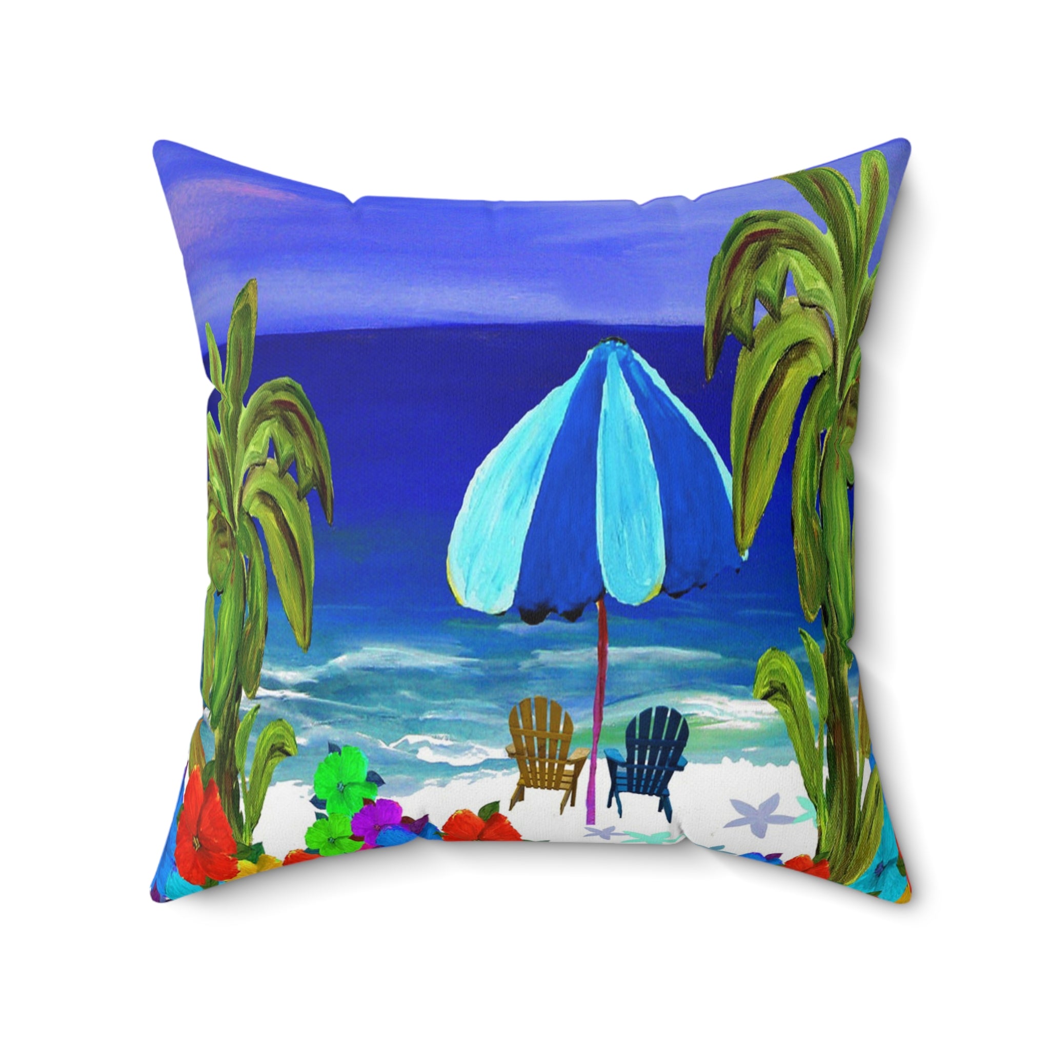 Beach Scene Throw Pillow — Tropical Umbrella & Palm Trees Decorative Pillow