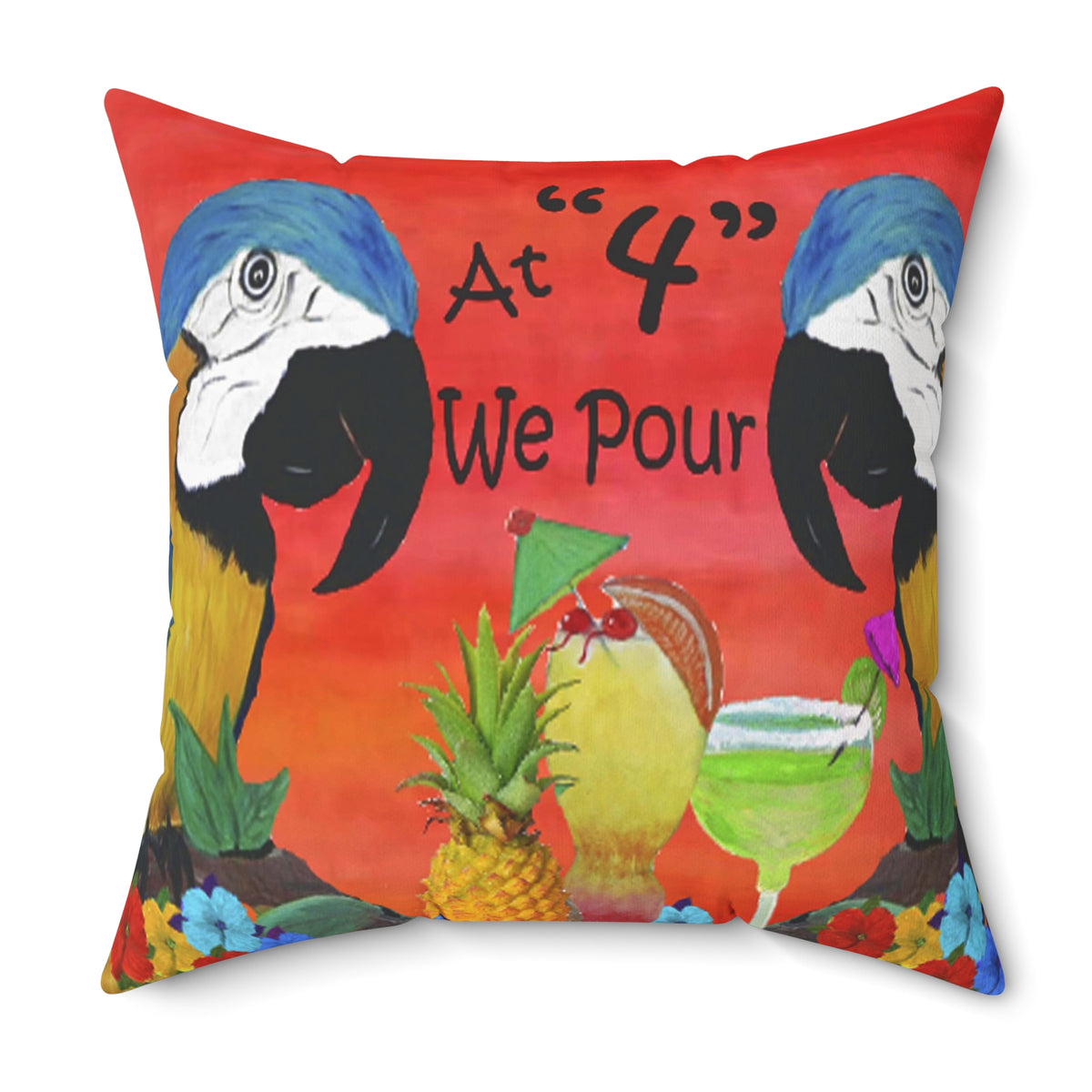 Tropical Parrot Cocktail Pillow — "At '4' We Pour" Decorative Throw Pillow