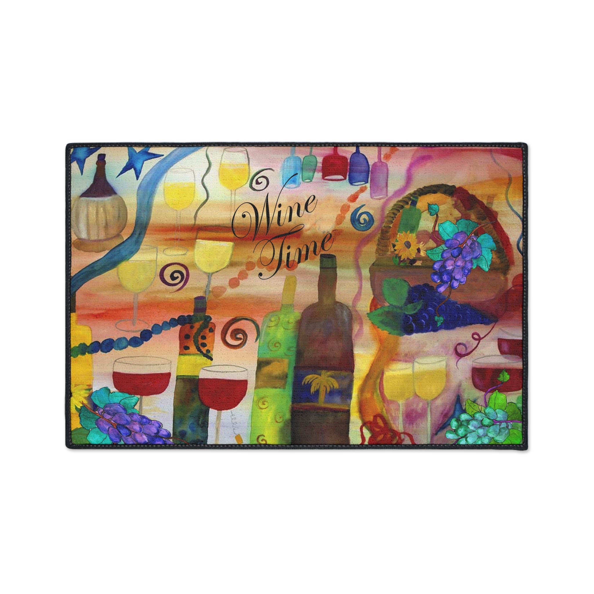 Wine Time Heavy Duty Floor Mat — Colorful Wine Bottle & Glass Kitchen Rug