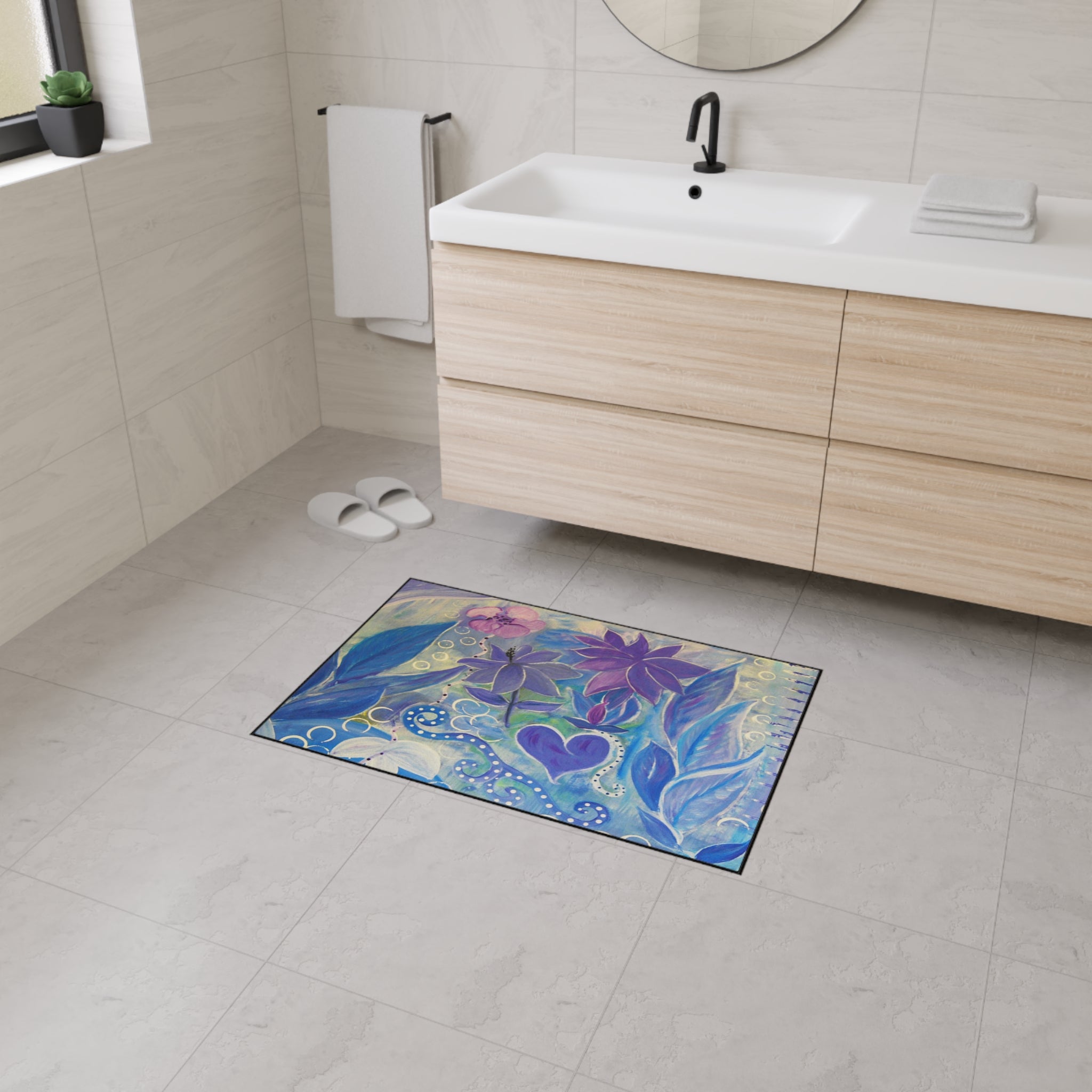 Floral Heart Heavy-Duty Floor Mat — Purple Blue Garden Door Mat