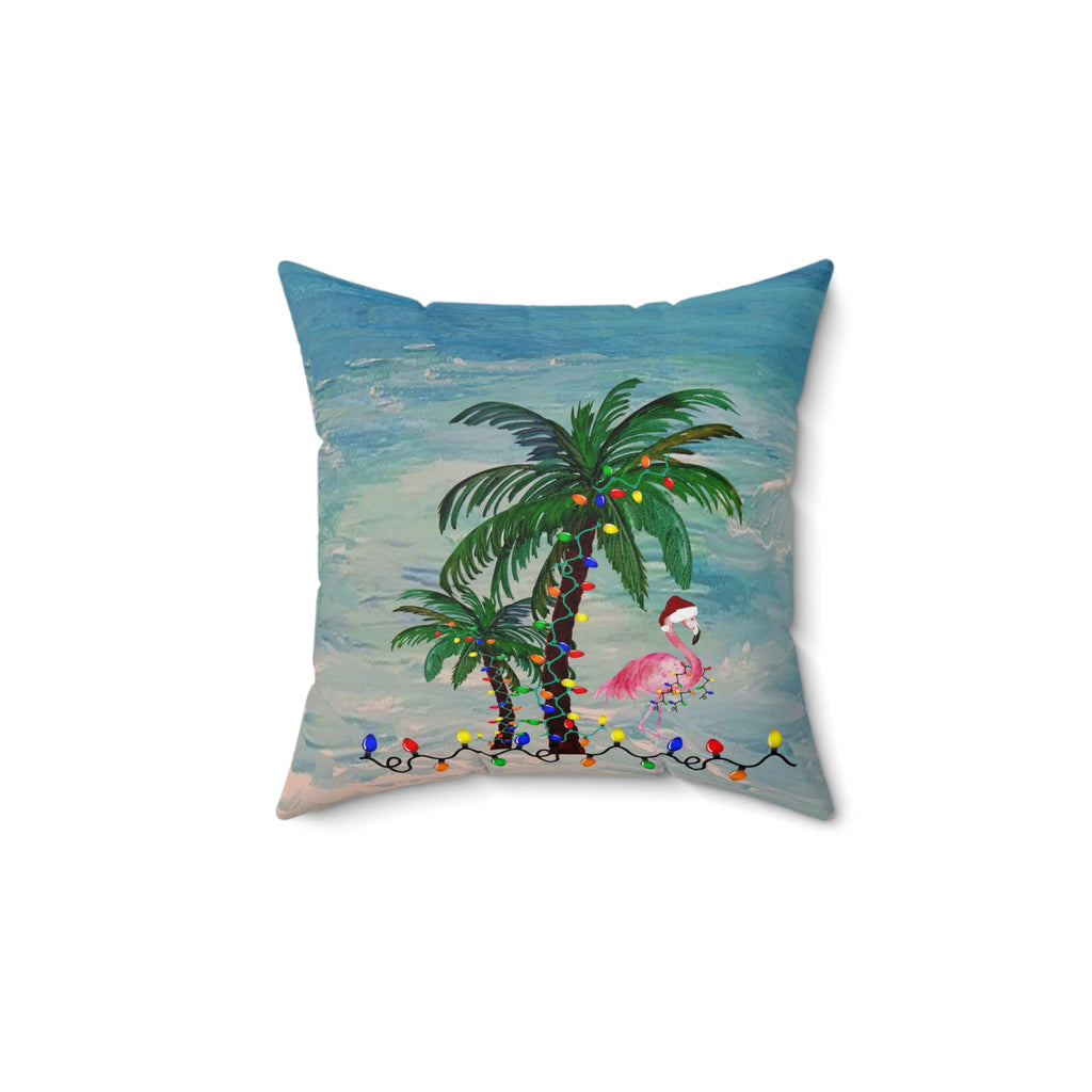 Tropical Christmas Palm Pillow — Flamingo & Holiday Lights Square Throw Pillow