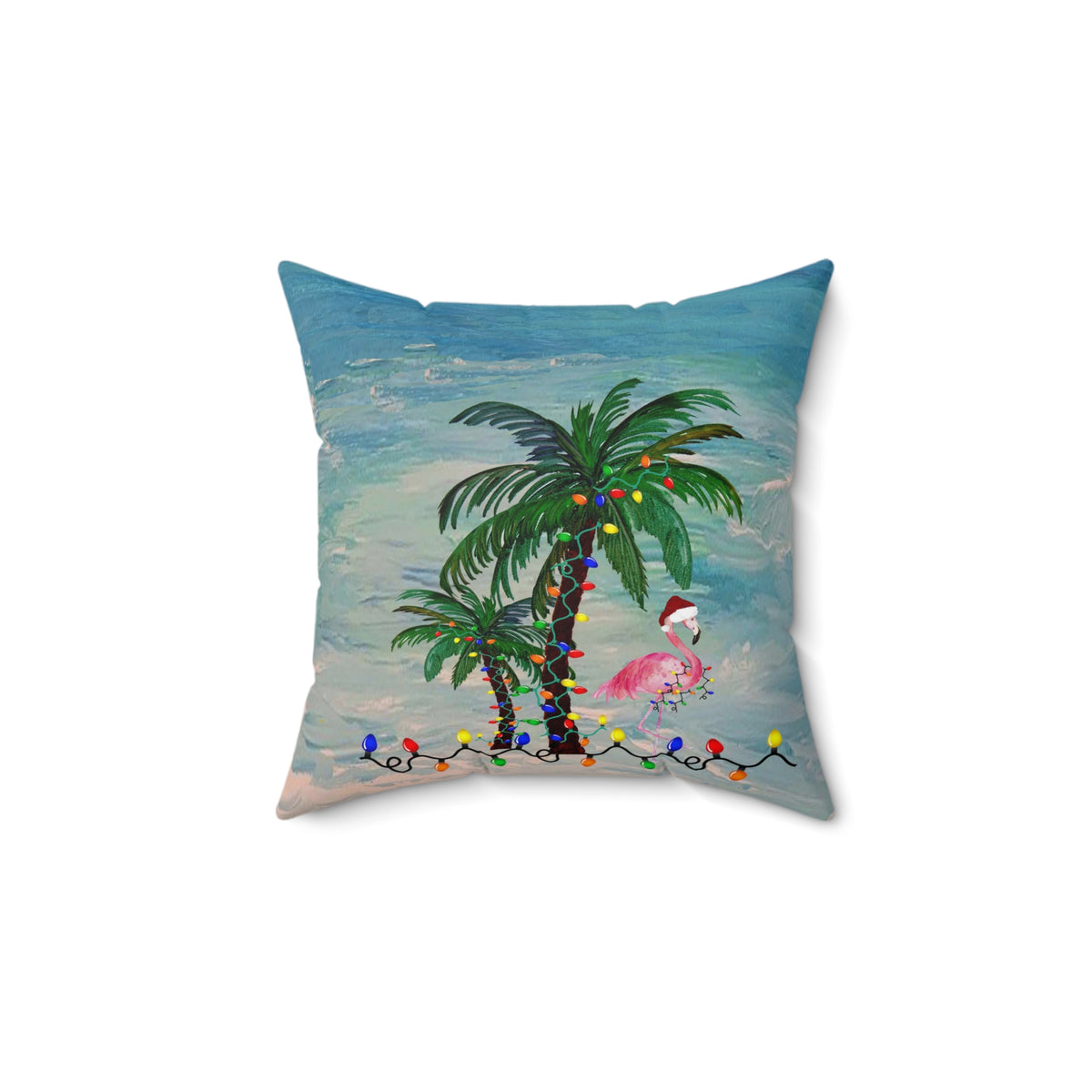 Tropical Christmas Palm Pillow — Flamingo & Holiday Lights Square Throw Pillow