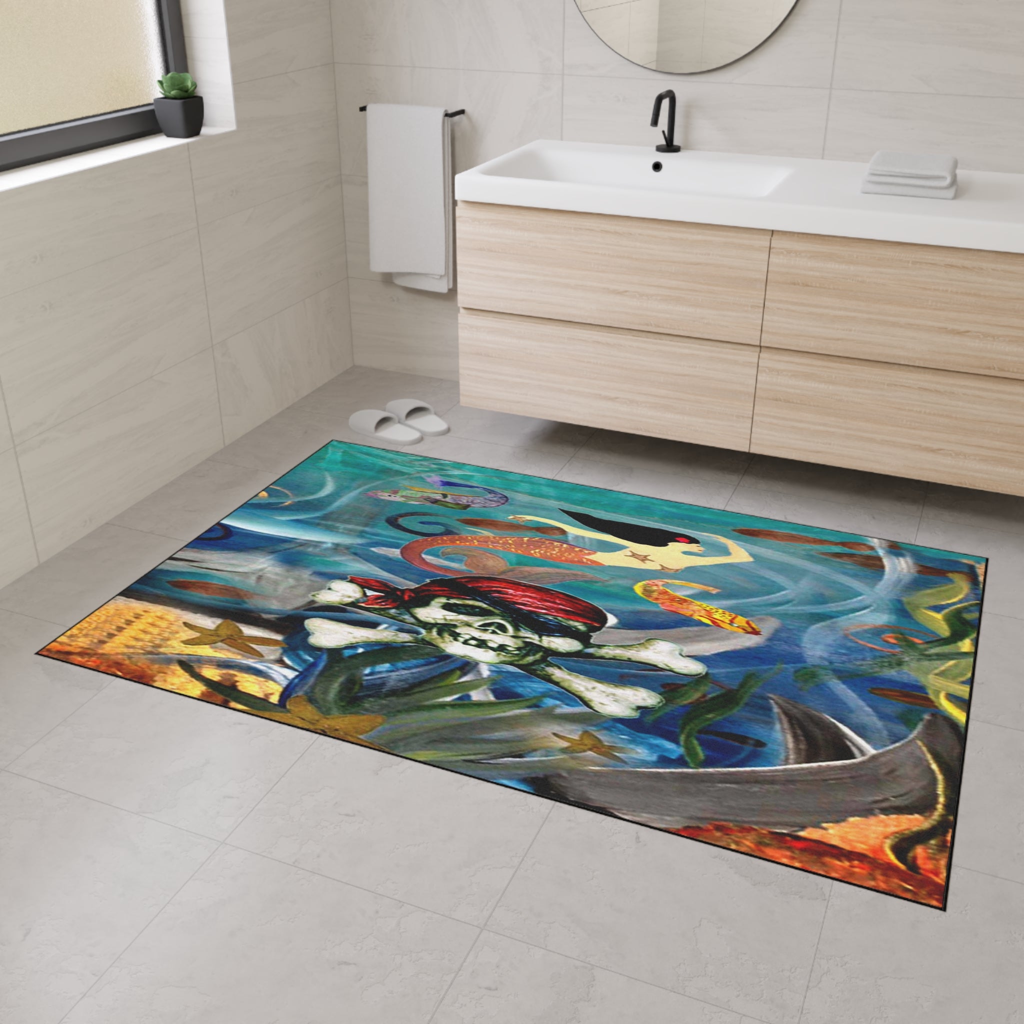 Pirate Skull & Mermaid Heavy Duty Floor Mat — Nautical Entryway Rug