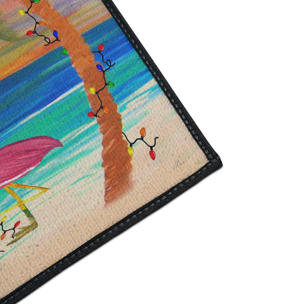 Christmas Beach Floor Mat — "Merry Christmas" Flamingo Palm Tree Doormat