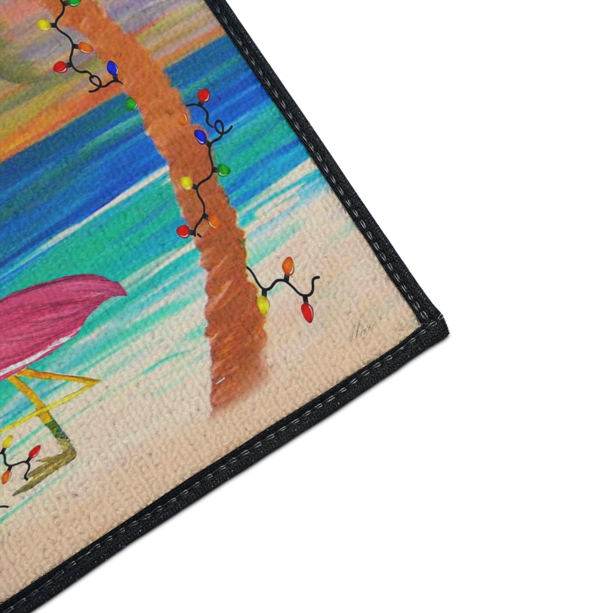 Christmas Beach Floor Mat — "Merry Christmas" Flamingo Palm Tree Doormat