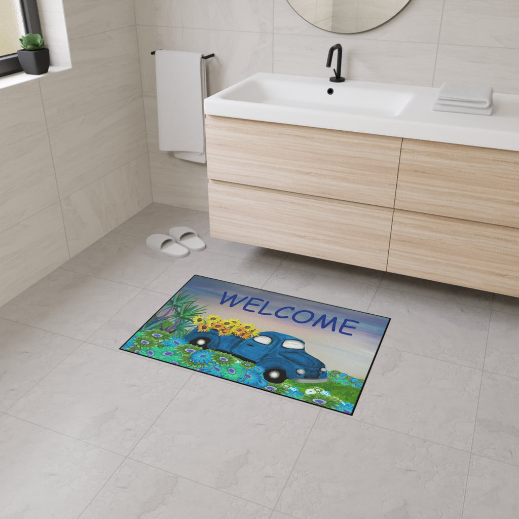 Welcome Blue Truck Doormat - Heavy Duty Floor Mat with Sunflowers