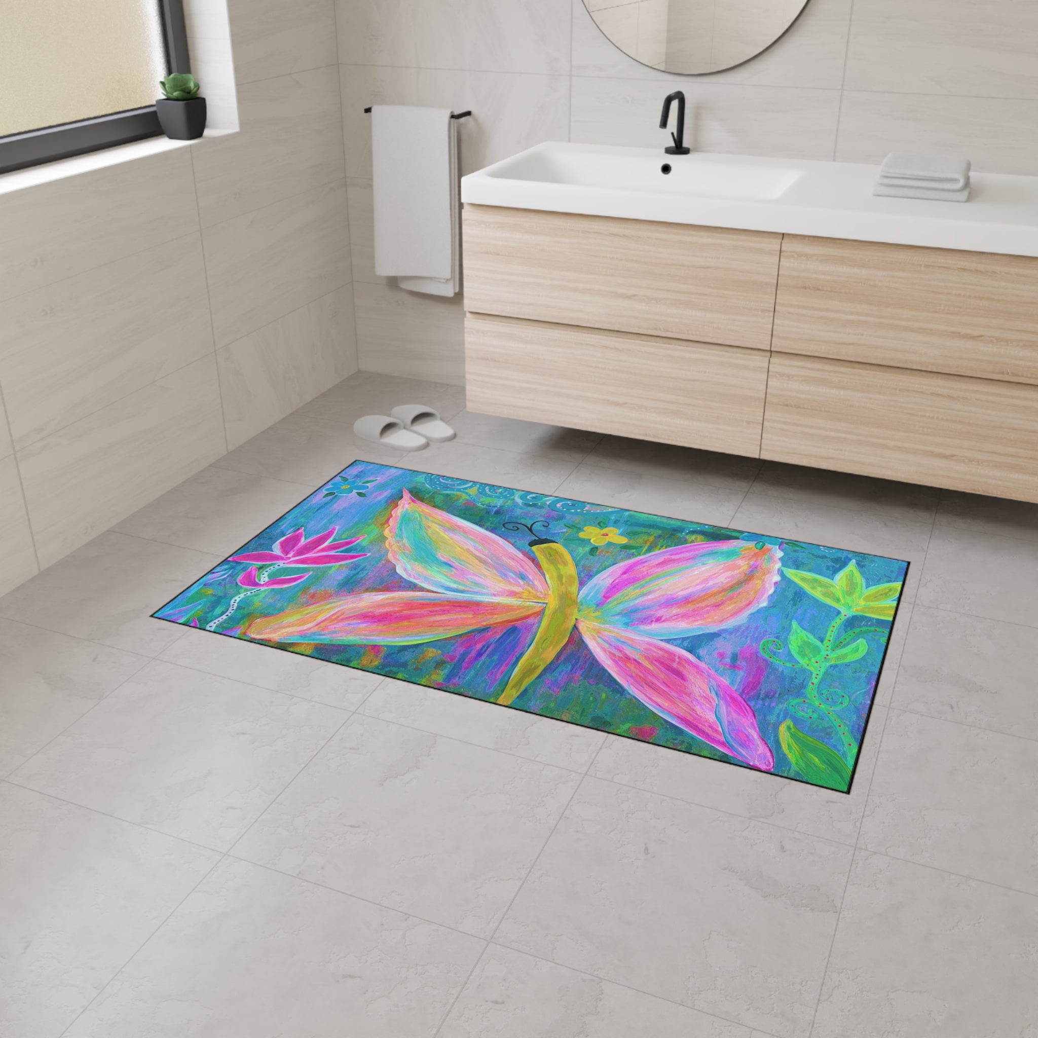 Pink Butterfly Floral Floor Mat — Colorful Garden Doormat