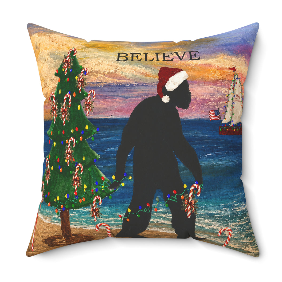 Believe Bigfoot Funny Nautical Holiday Christmas Throw Pillow